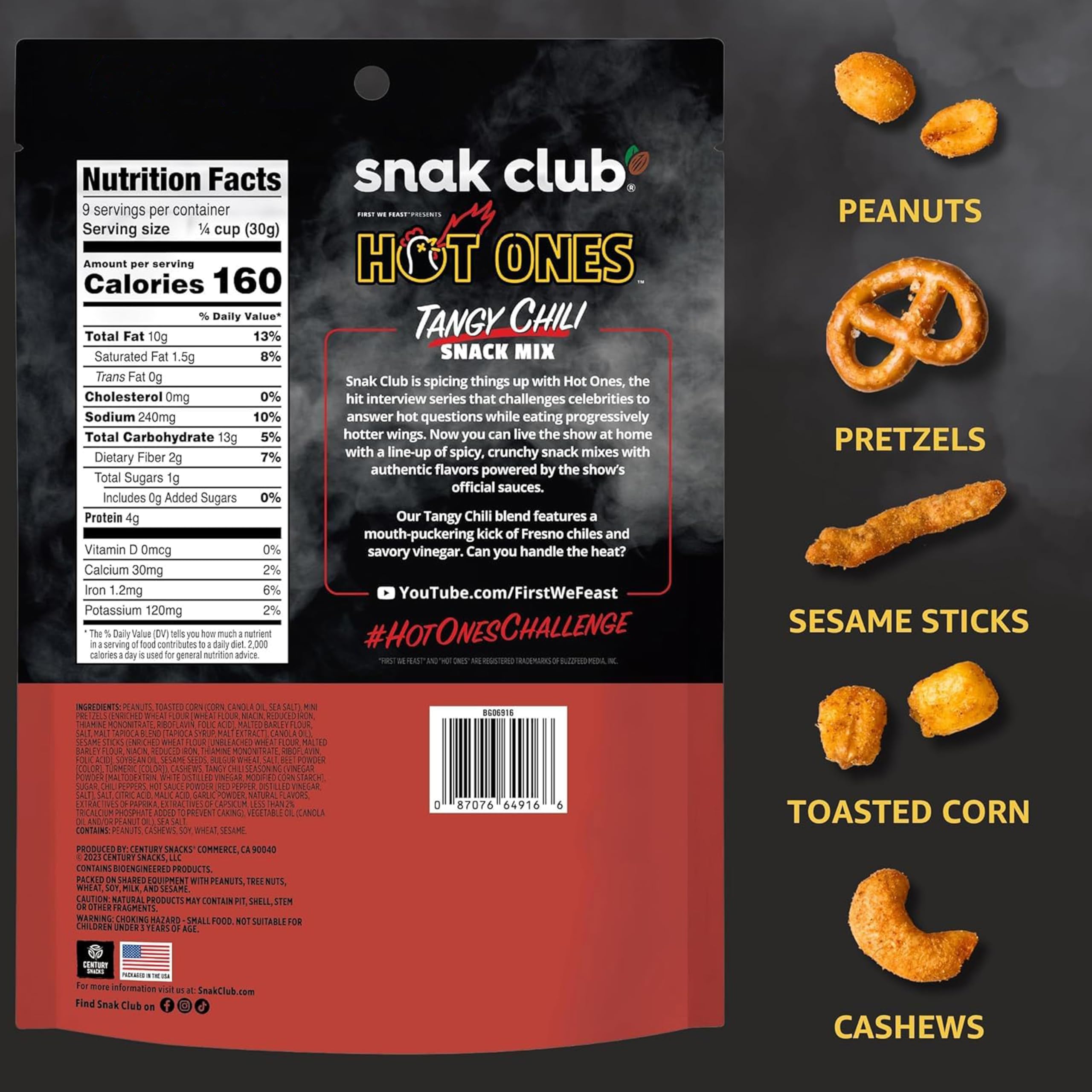 Snak Club Hot Ones Tangy Chili Snack Mix ingredients displayed for easy on-the-go snacking.