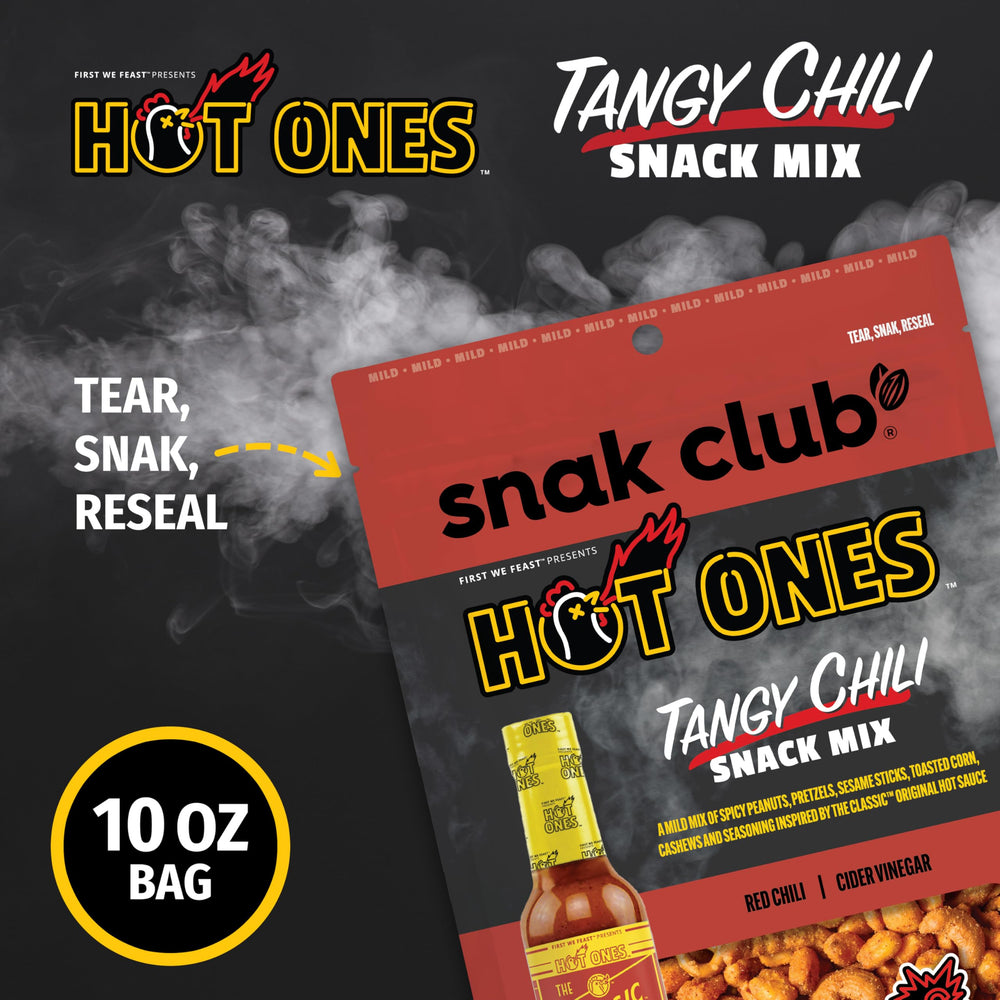 Snak Club Hot Ones Tangy Chili Snack Mix peanuts and cashews in focus, snack-ready.
