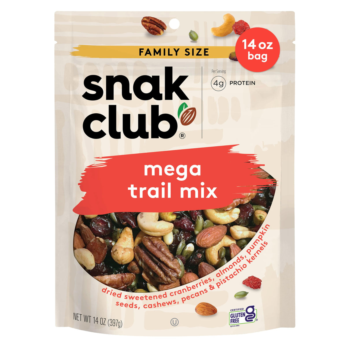 Snak Club Mega Trail Mix with cranberries and almonds in a bag for on the go