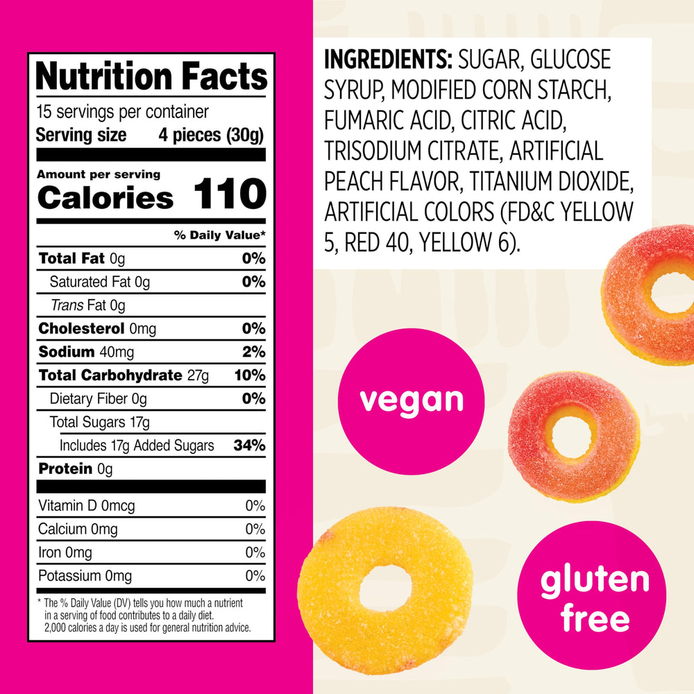 Snak Club Peach Rings close-up showing chewy texture and juicy flavor.