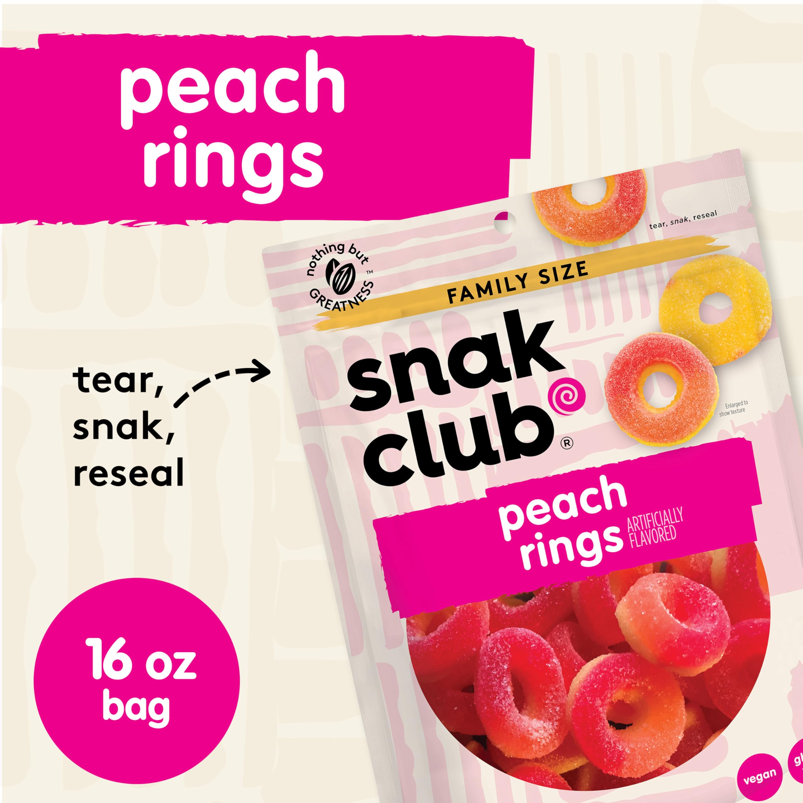 Snak Club Peach Rings ingredients highlight gluten-free and vegan options.