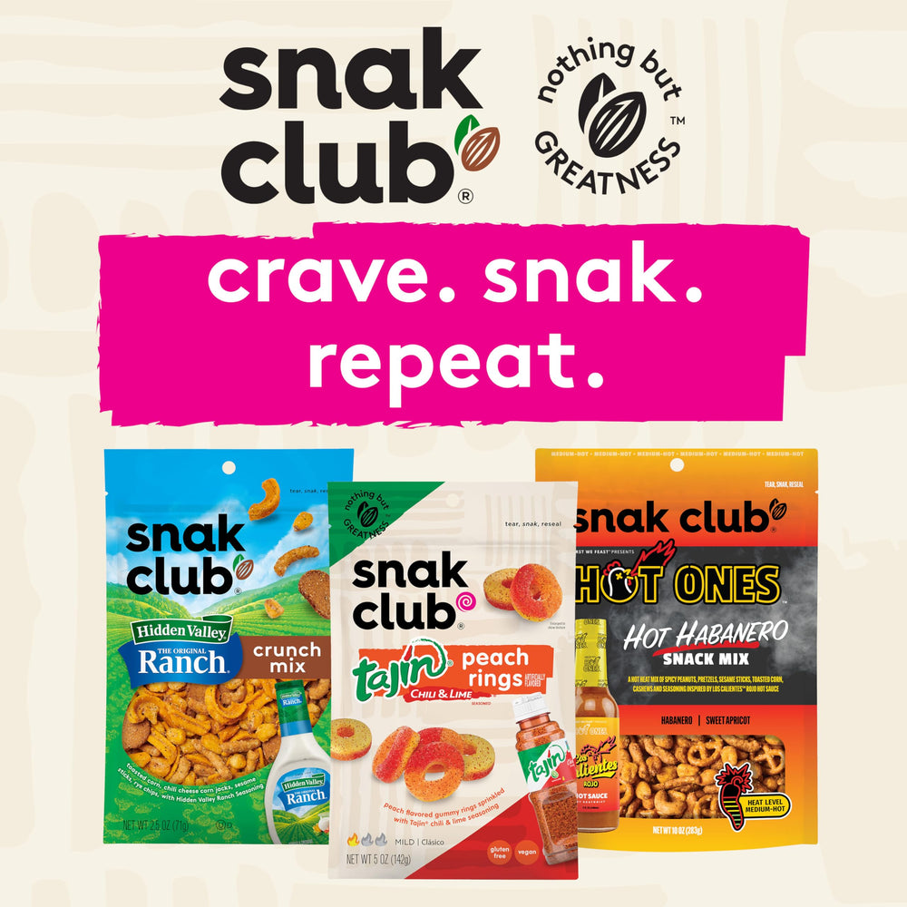 Snak Club Peach Rings on pantry shelf, ready for everyday treats.