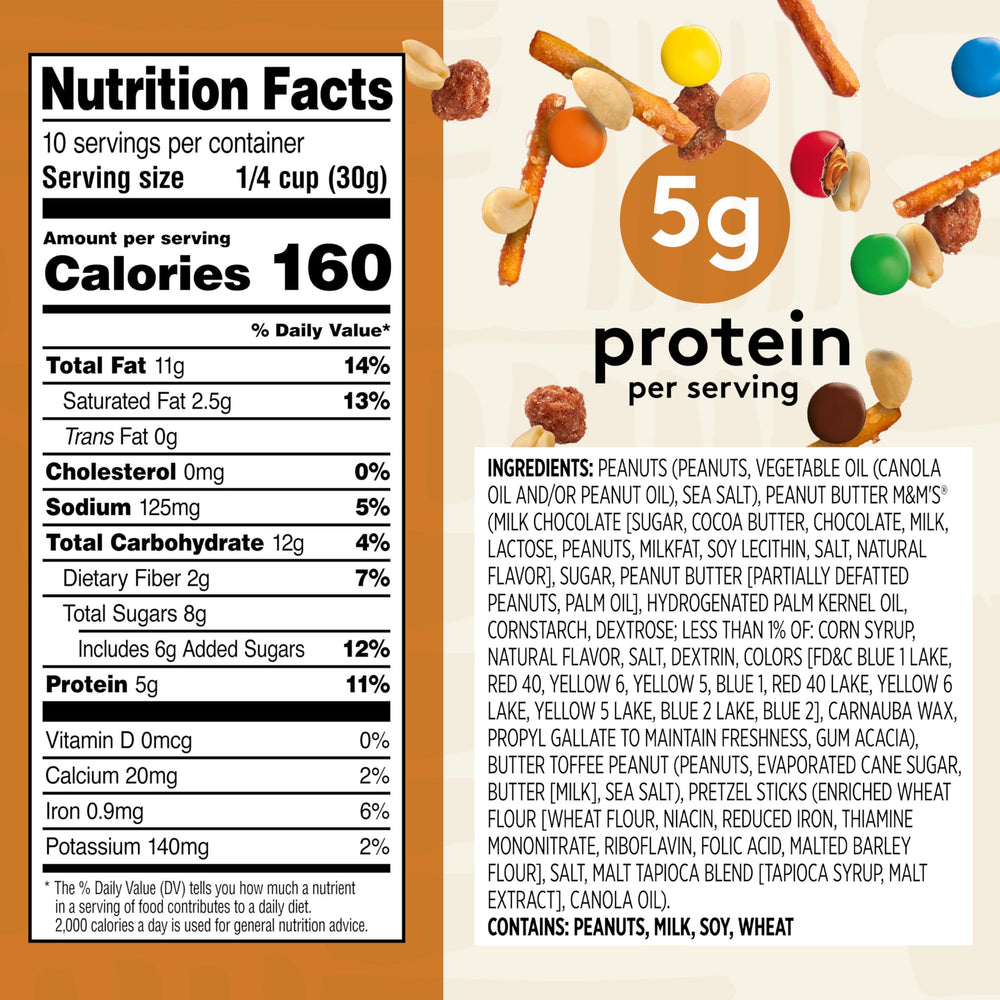 Close-up of peanuts and peanut butter M&M's in Snak Club mix for flavorful crunch