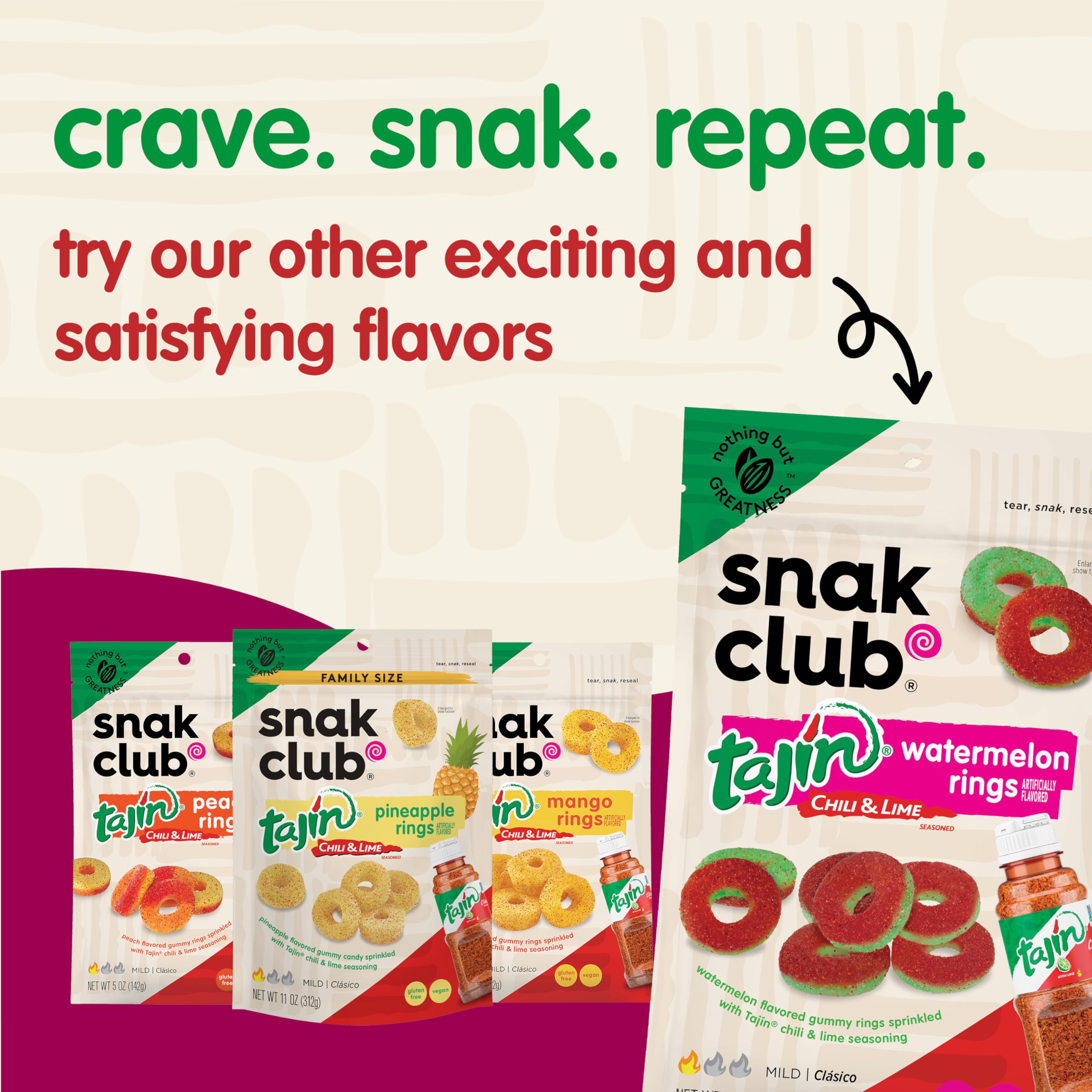 Assorted Snak Club flavors including Tajin Apple Rings display
