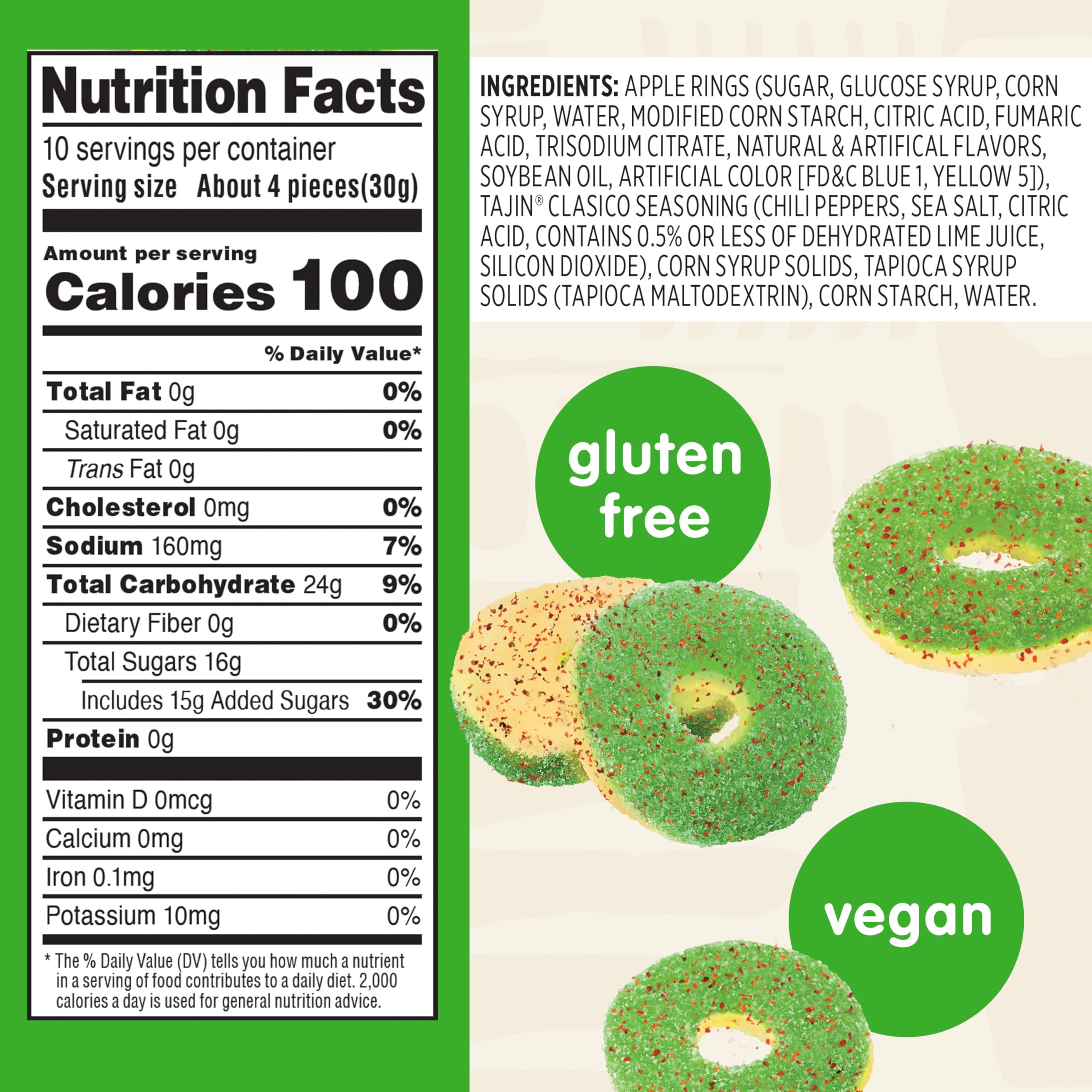 Vegan and gluten-free Snak Club Tajin Apple Rings badge on packaging