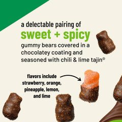 Snak Club Tajín Chocolatey Gummy Bears chili-lime seasoning close-up showing mild heat