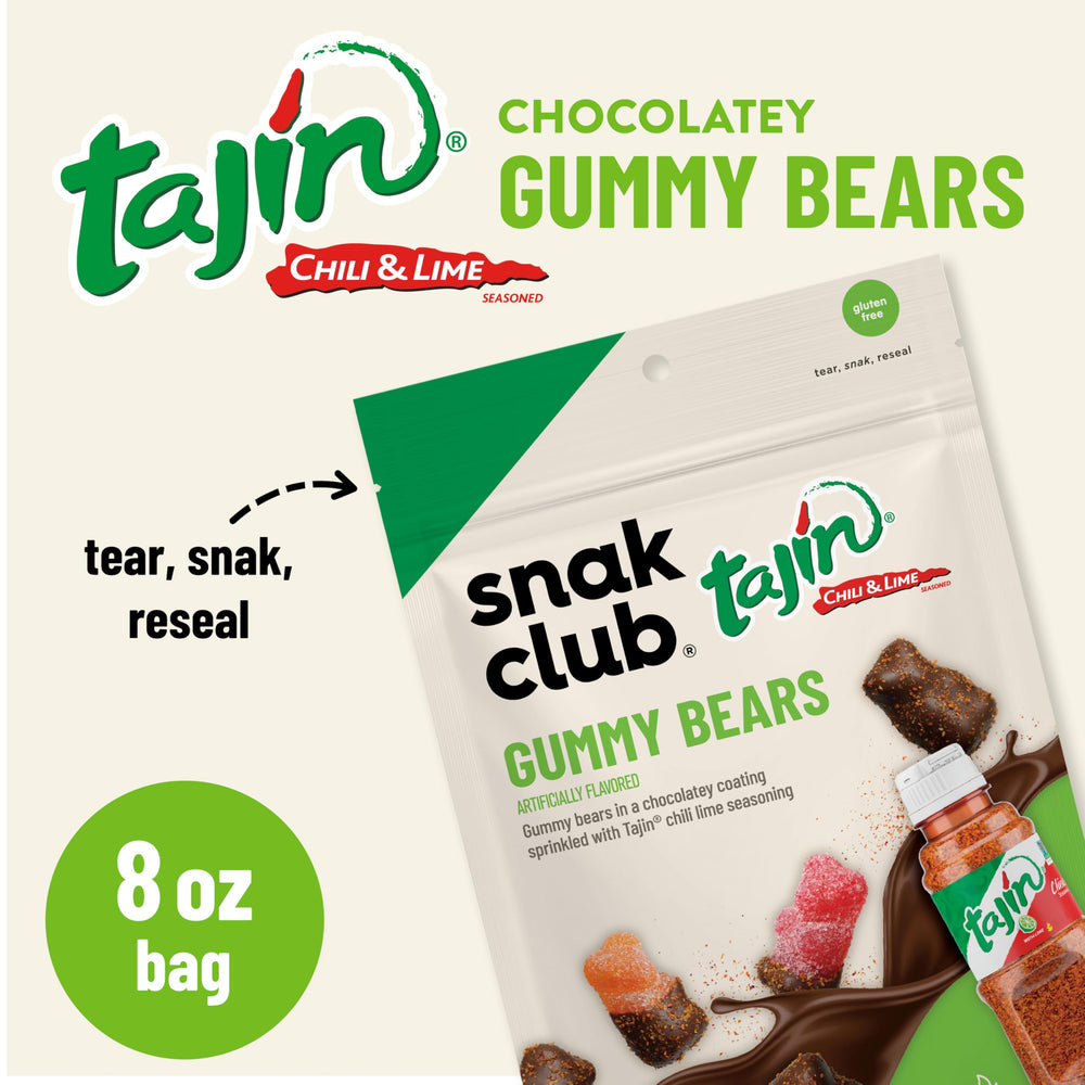 Snak Club Tajín Chocolatey Gummy Bears assorted-flavors display highlighting fruity centers