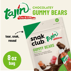 Snak Club Tajín Chocolatey Gummy Bears assorted-flavors display highlighting fruity centers