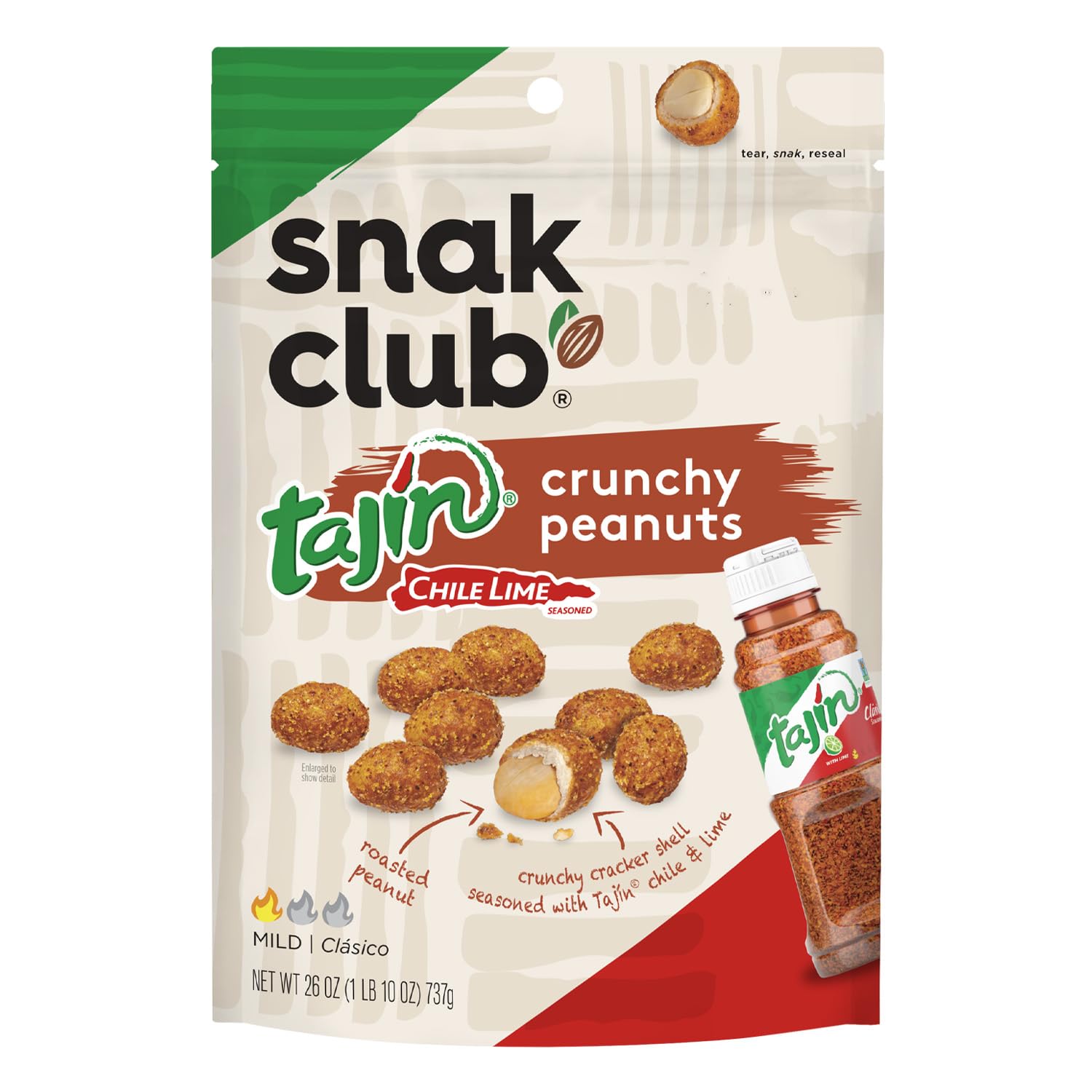 Snak Club Tajin Crunchy Peanuts bag, ideal for sharing and freshness.