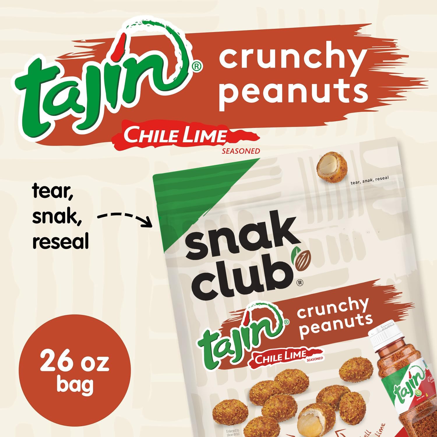 Chili-lime Tajin seasoning visible on Snak Club peanuts.
