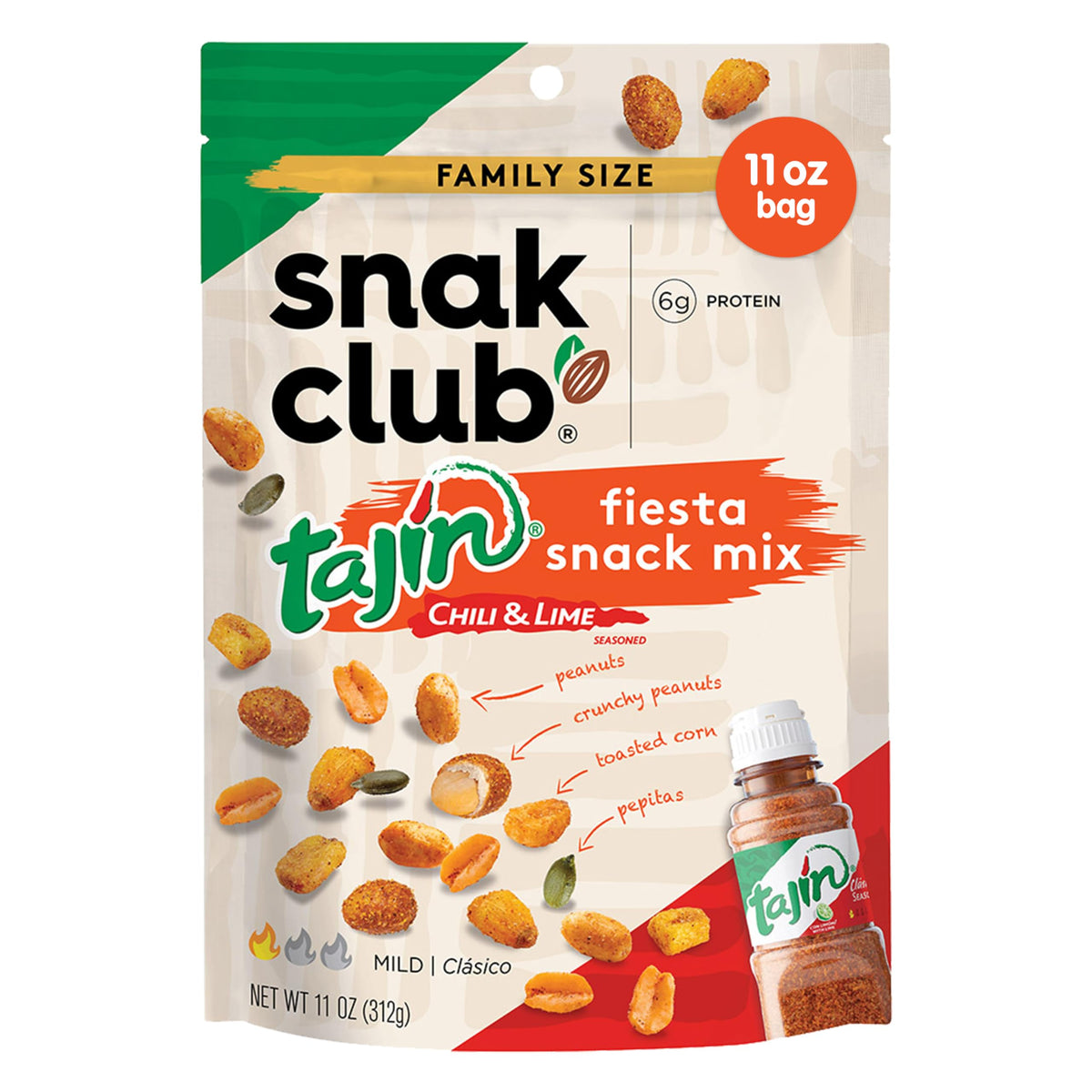 Snak Club Tajin Fiesta bag closeup shows bold seasoning and freshness, ideal for on-the-go snacking.