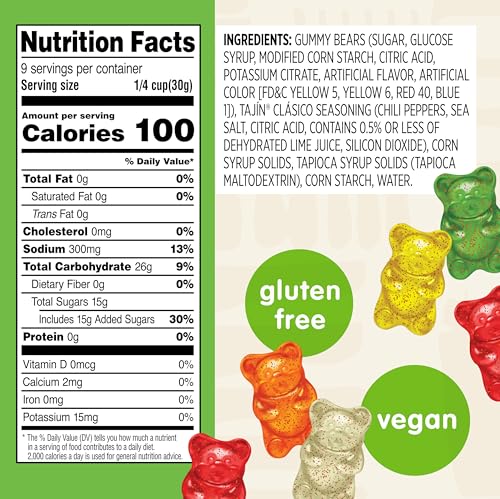 Assorted fruit flavors of Snak Club Tajin Gummy Bears