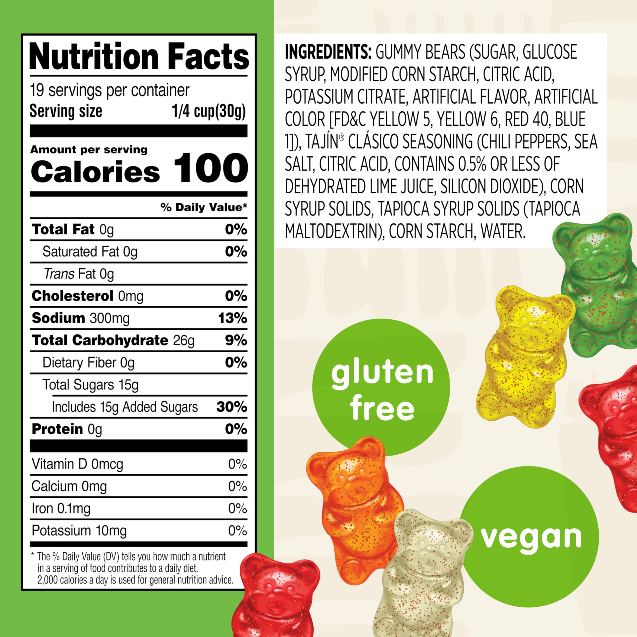 Snak Club Tajin Gummy Bears flavors on display: strawberry, lemon, apple, pineapple, orange