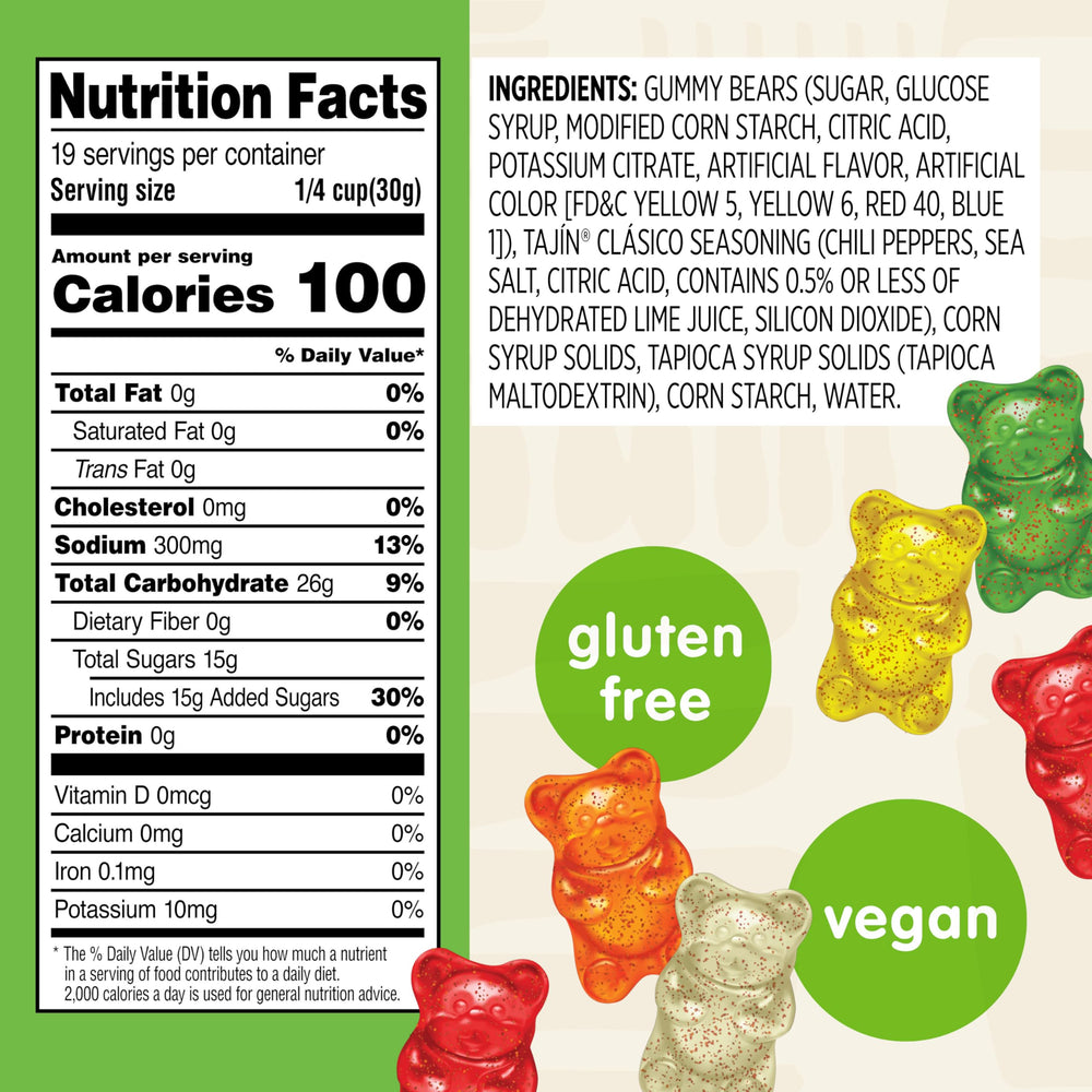 Snak Club Tajin Gummy Bears flavors on display: strawberry, lemon, apple, pineapple, orange