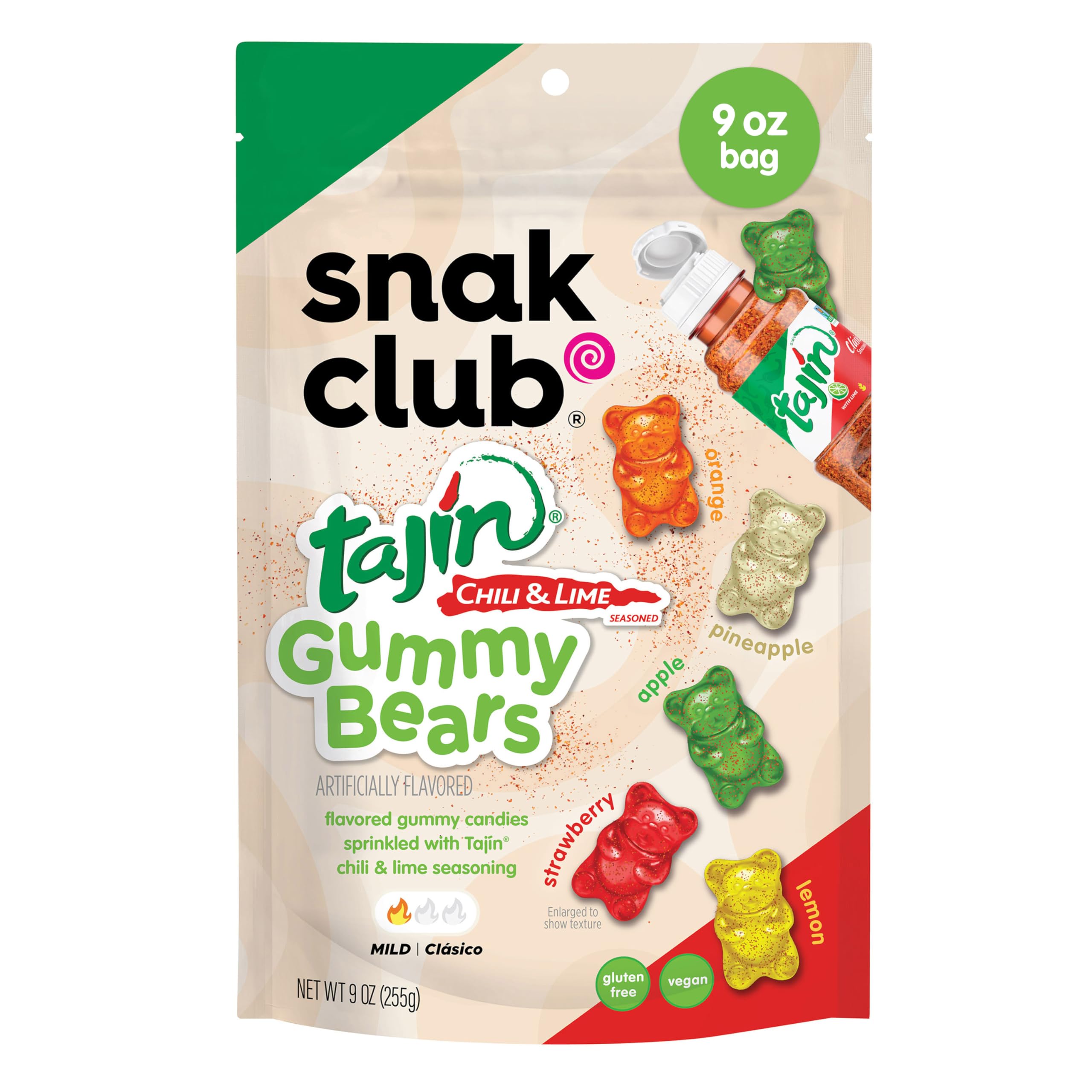 Snak Club Tajin Gummy Bears front label shows gluten-free and vegan snack