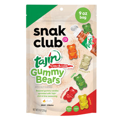 Snak Club Tajin Gummy Bears front label shows gluten-free and vegan snack