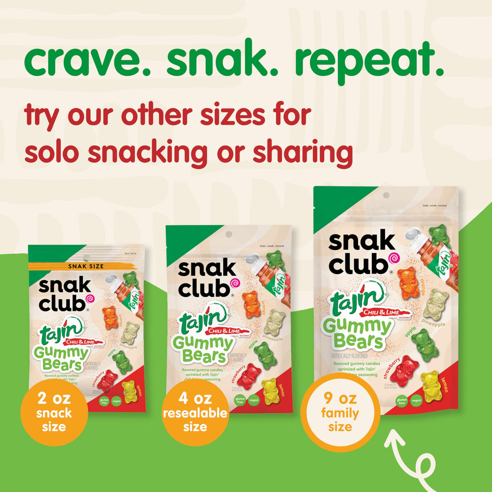 Snak Club Tajin Gummy Bears ingredients and vegan, gluten-free notes