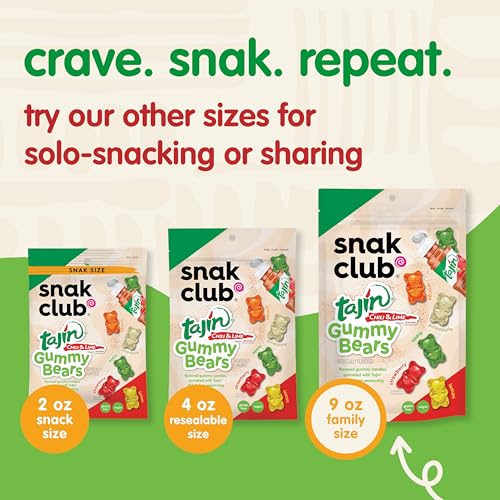 Packaging of Snak Club Tajin Gummy Bears hints serving options