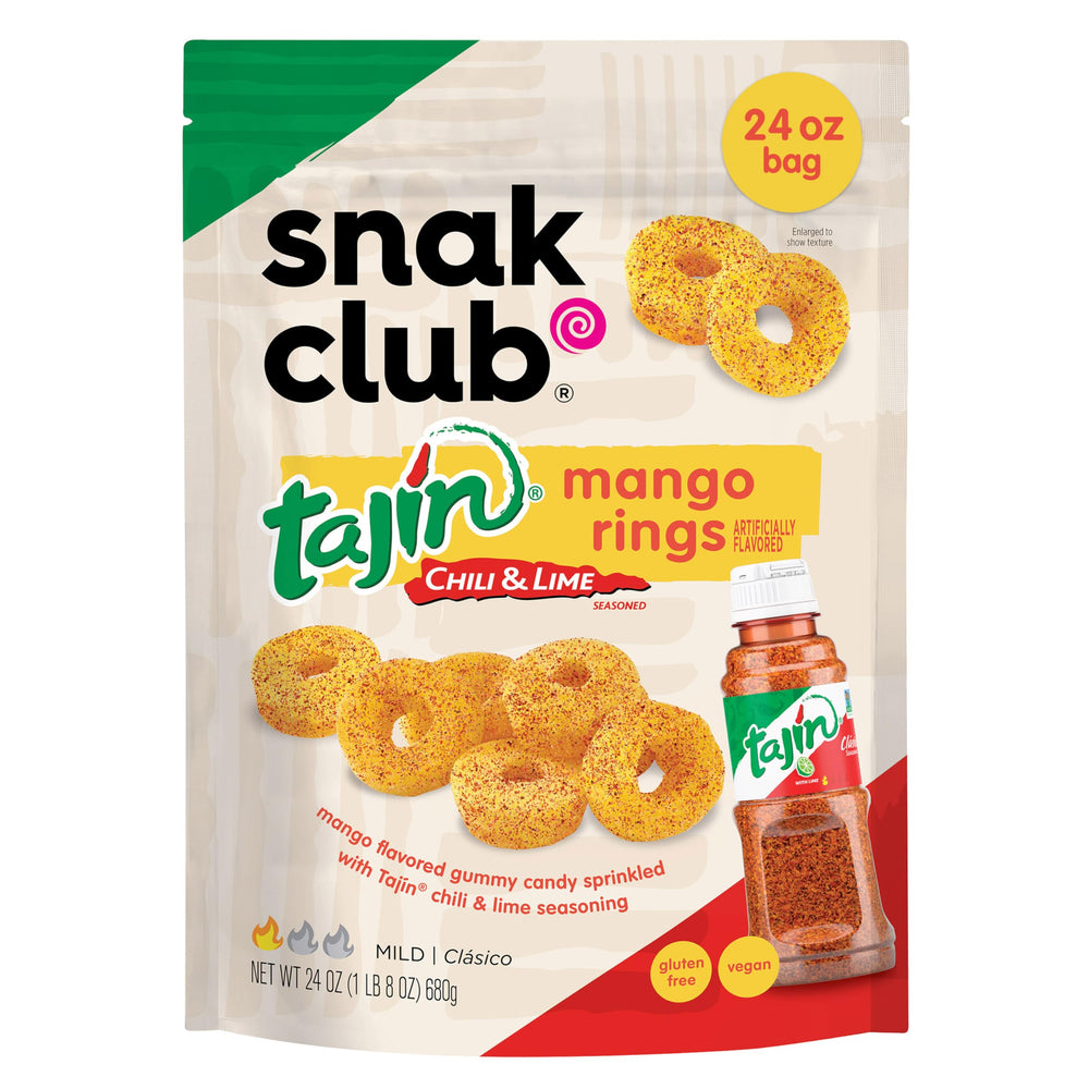 Snak Club Tajin Mango Rings in a resealable bag for on-the-go snacking.
