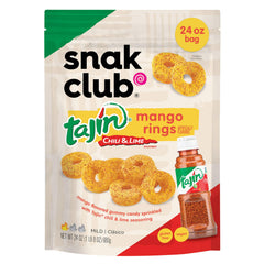 Snak Club Tajin Mango Rings in a resealable bag for on-the-go snacking.