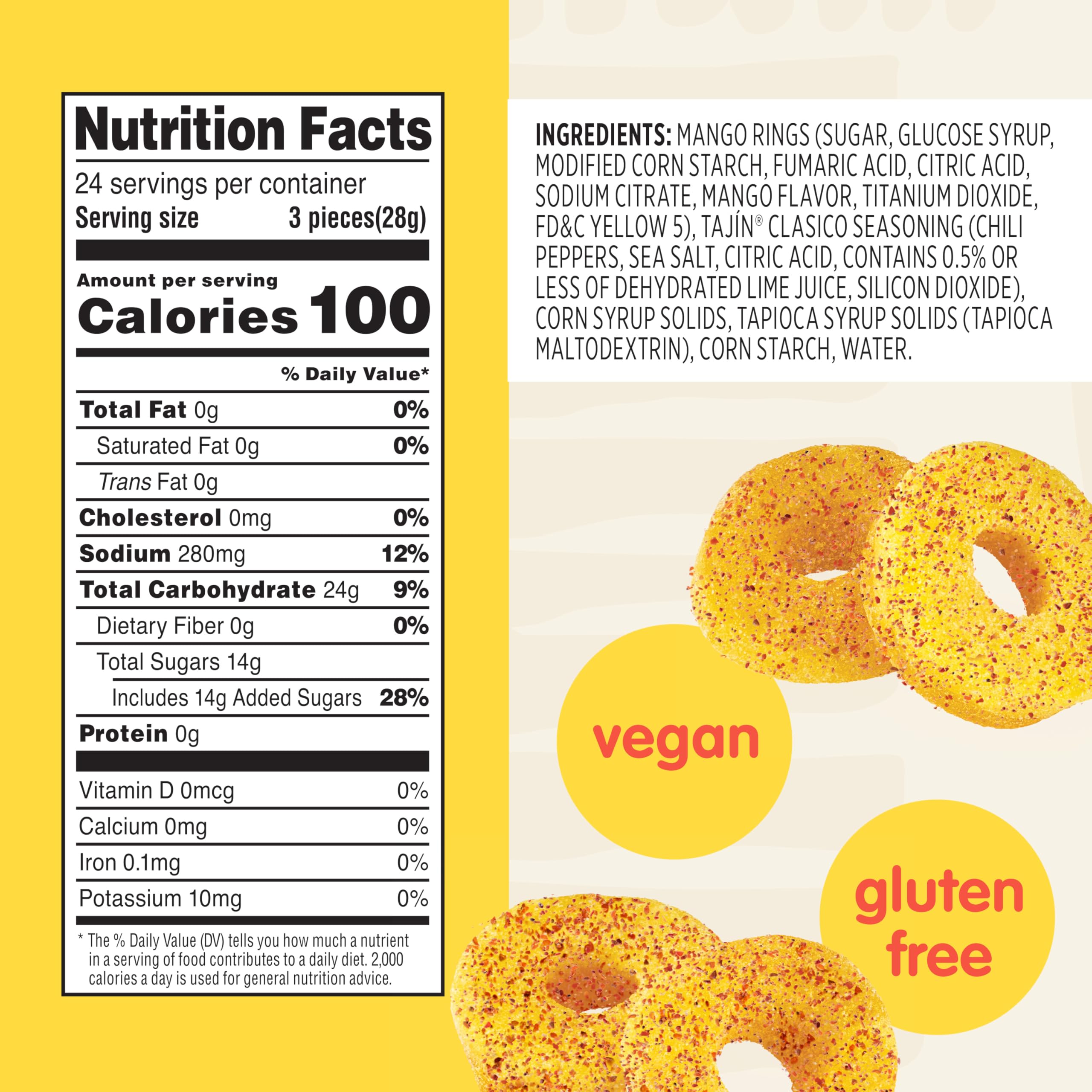 Close-up of Tajin Mango Rings showing mango candy and seasoning.
