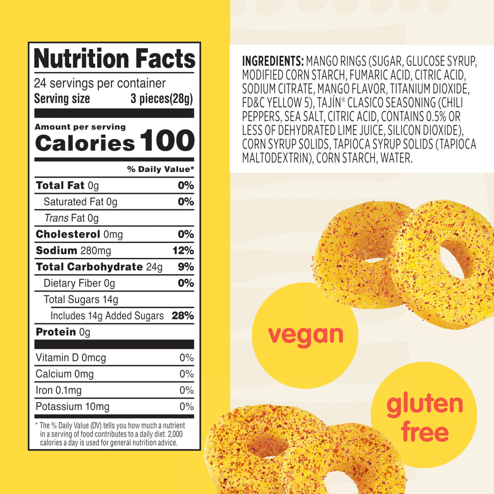 Close-up of Tajin Mango Rings showing mango candy and seasoning.