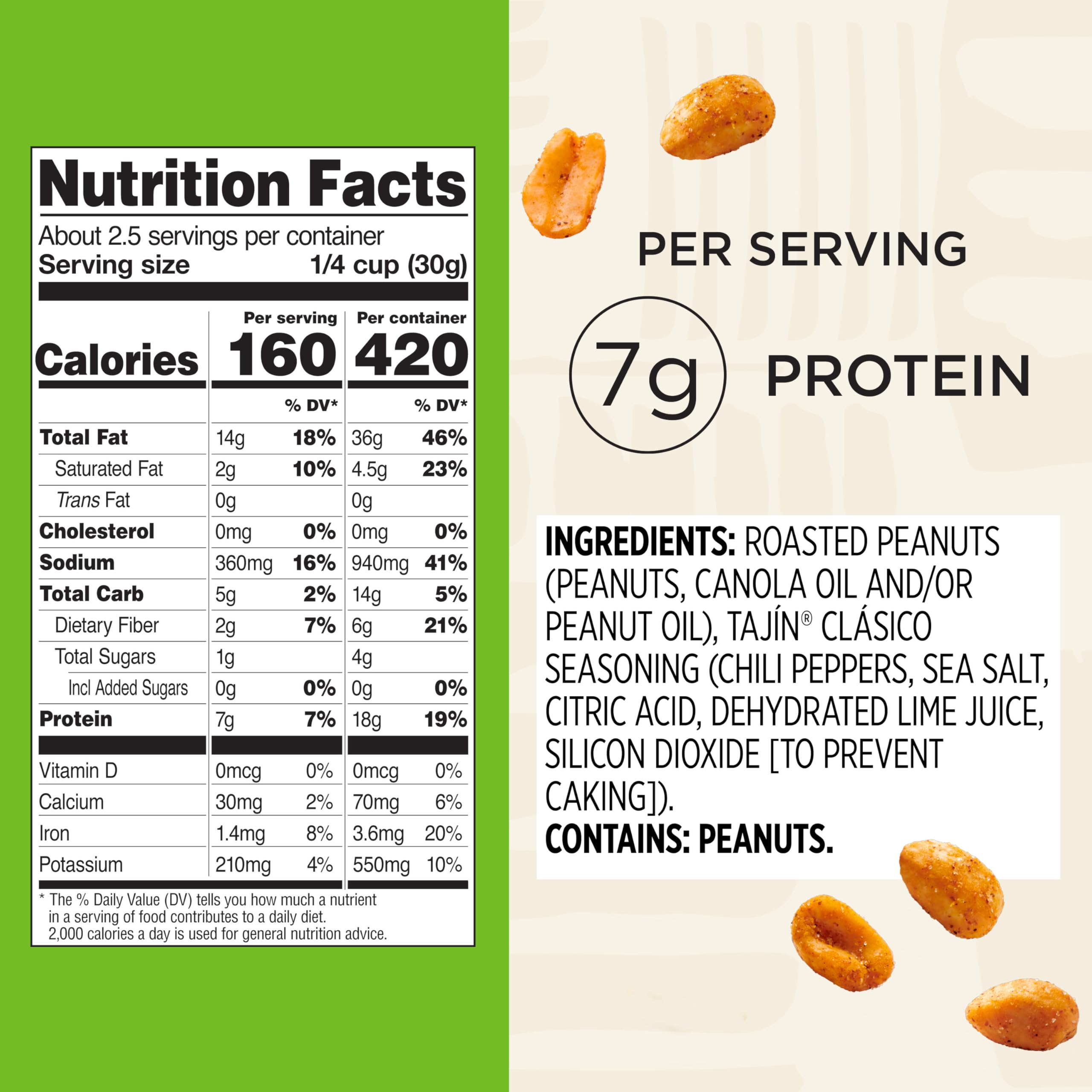 Snak Club Tajin Peanuts bag close-up shows bold chili-lime seasoning.