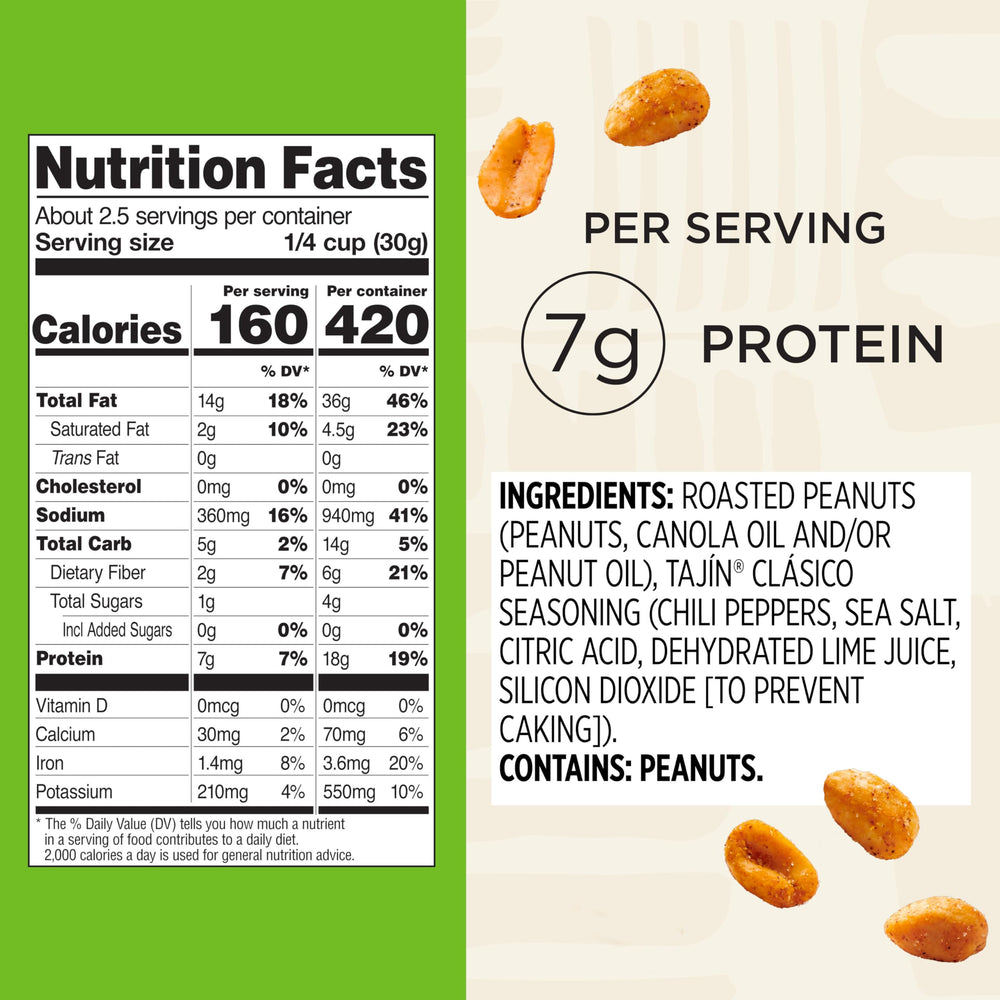 Snak Club Tajin Peanuts bag close-up shows bold chili-lime seasoning.