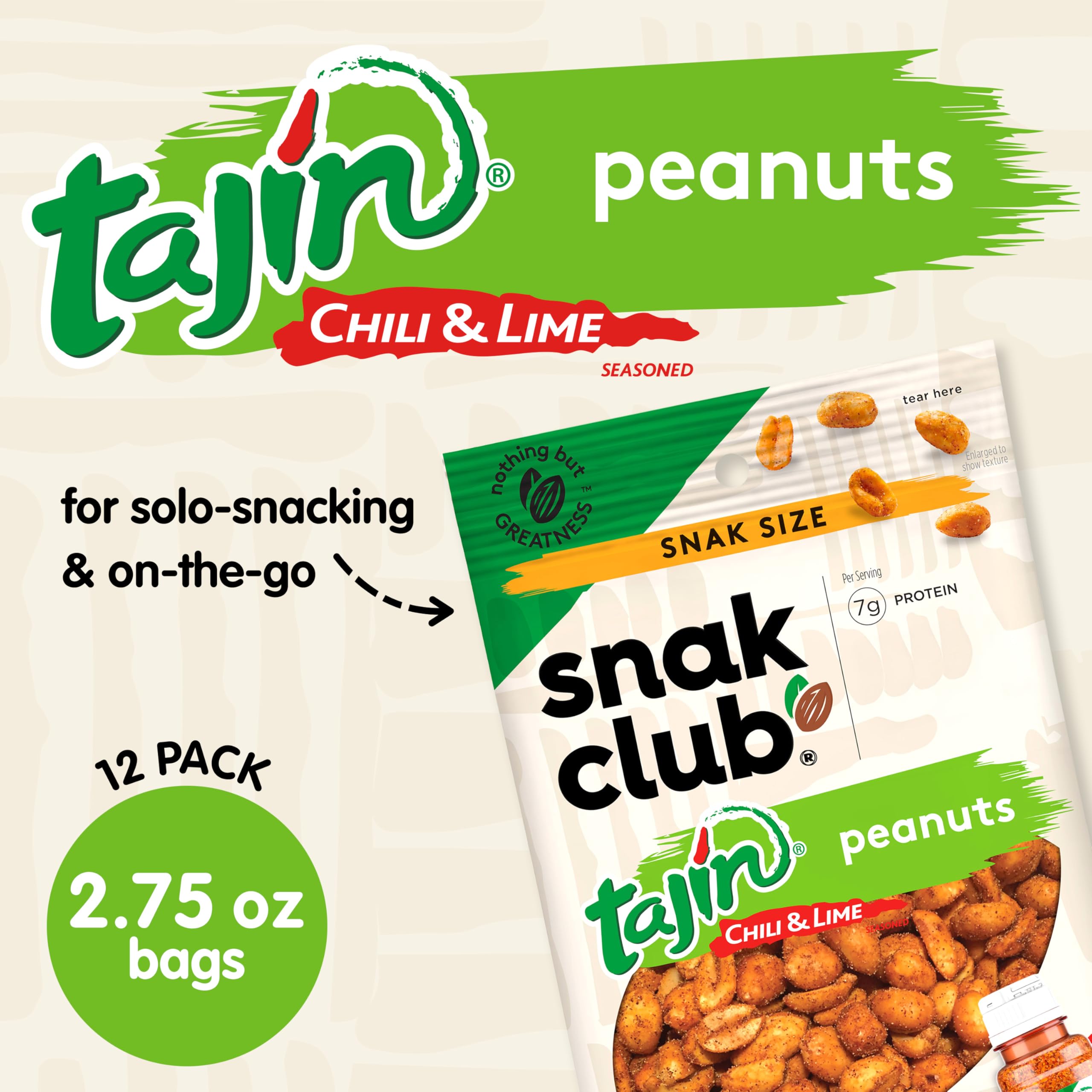 Snak Club Tajin Peanuts seasoning sprinkle highlights roasted nuts.