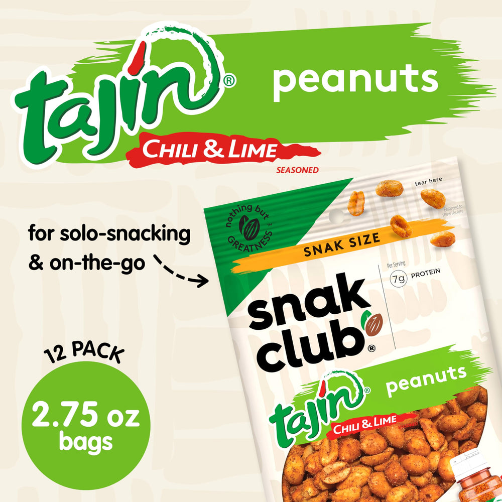Snak Club Tajin Peanuts seasoning sprinkle highlights roasted nuts.