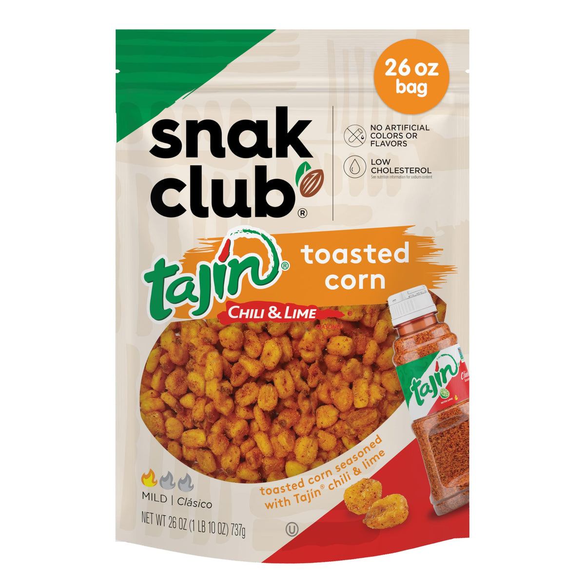 Snak Club Tajin toasted corn bag with resealable closure for freshness.