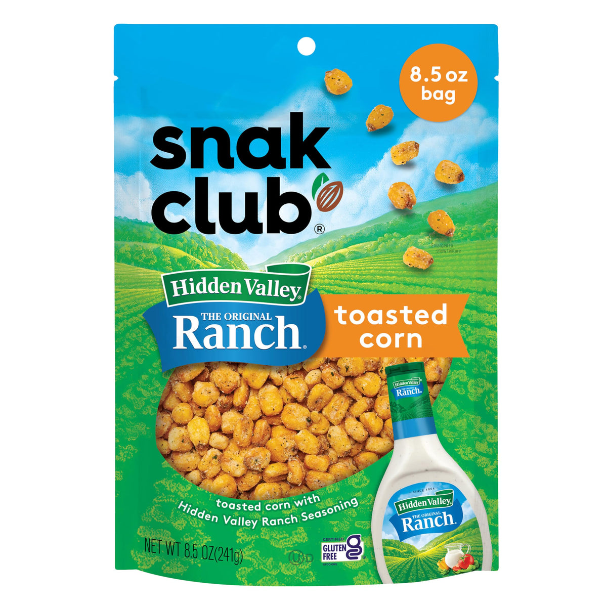 Snak Club toasted corn with Hidden Valley Ranch, bag view highlighting bold flavor for easy snacking