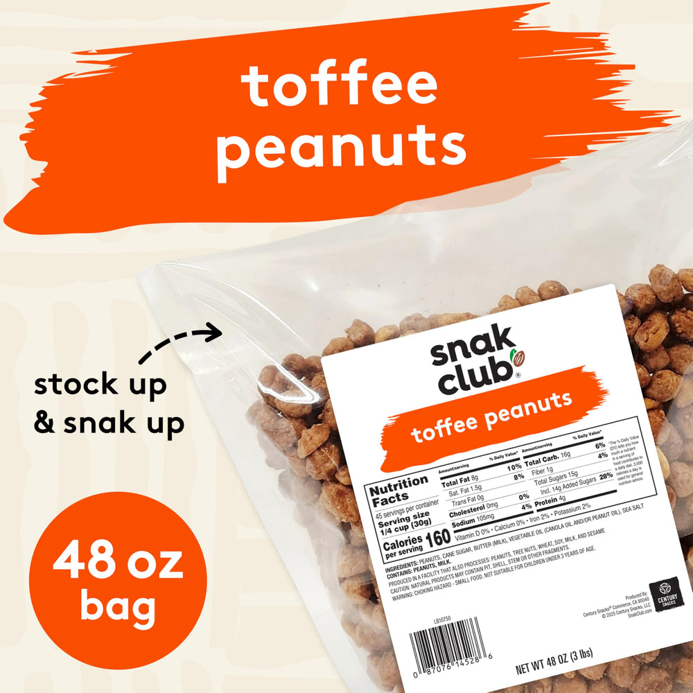 Snak Club Toffee Peanuts kettle-cooked texture highlights a satisfying crunch.