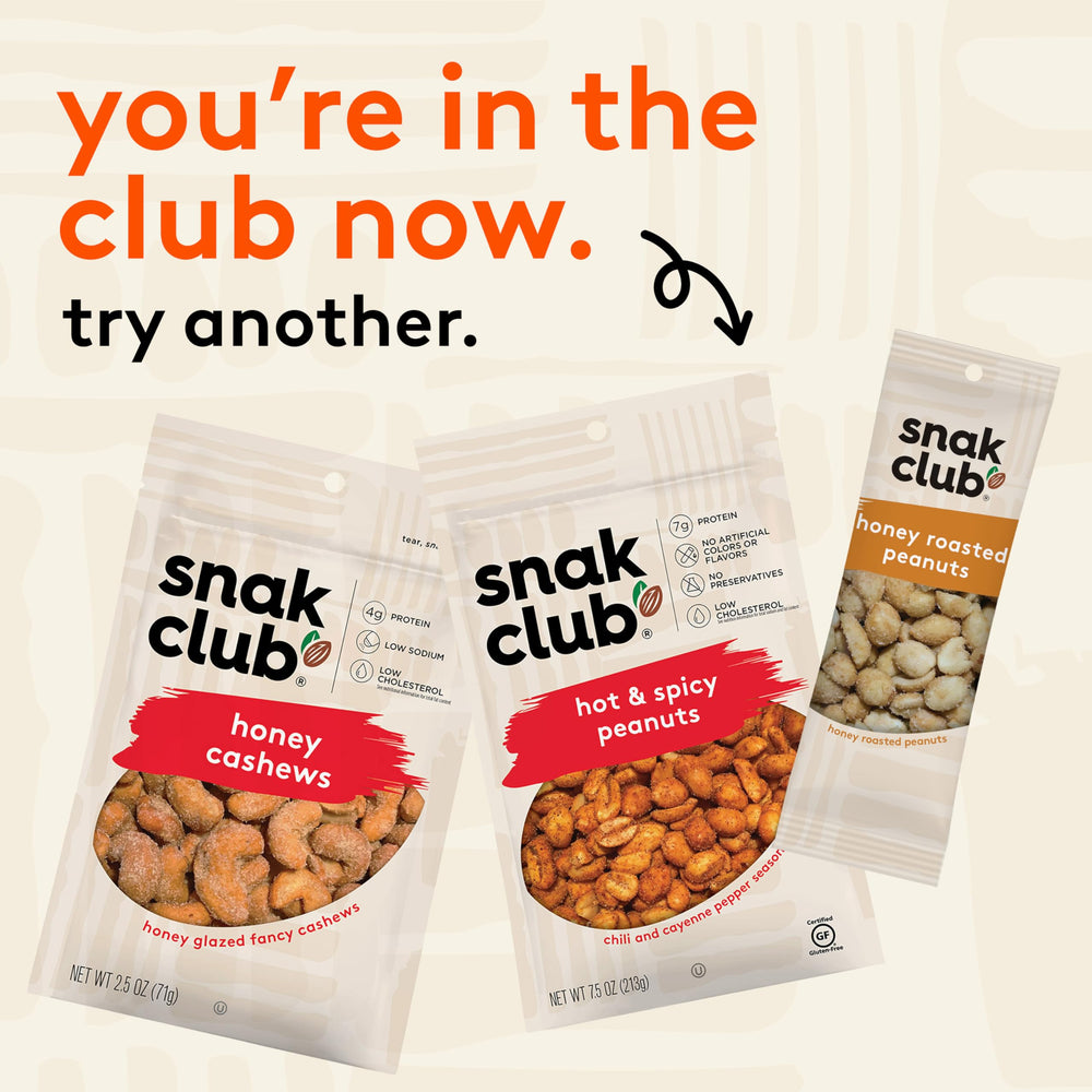Snak Club Toffee Peanuts packaging notes 8g protein per serving