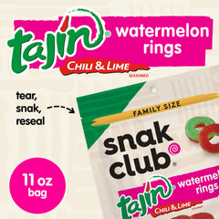 Close-up of vibrant watermelon rings highlighting gluten-free vegan credentials and tangy Tajín.