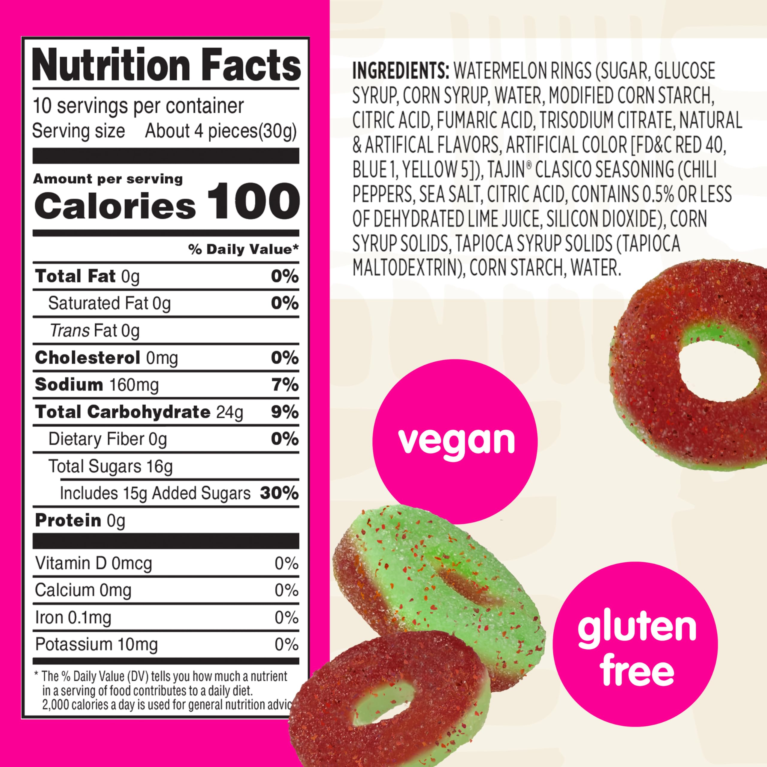 Front view of resealable Snak Club bag keeps watermelon rings fresh between munches.