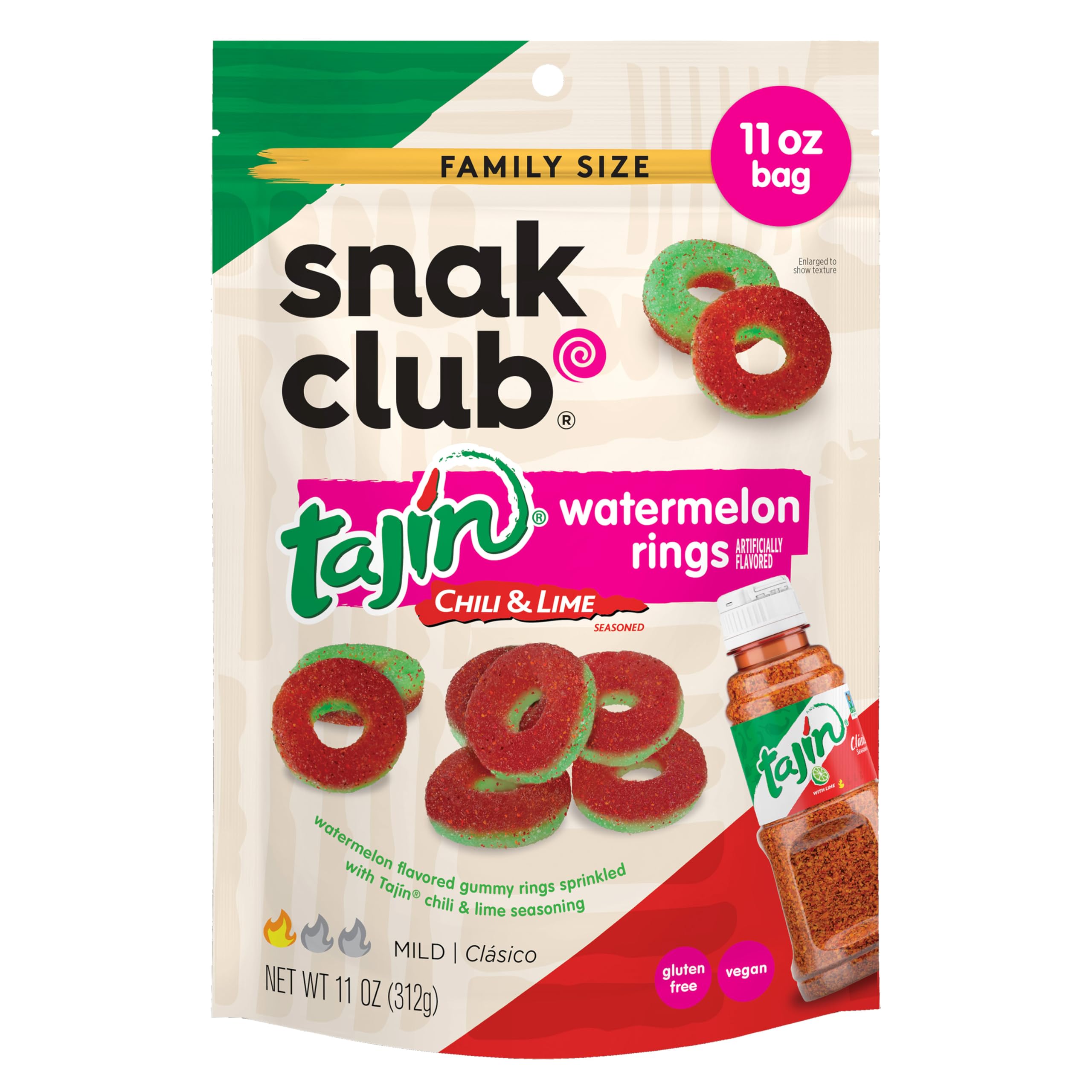 Snak Club Watermelon Rings with Tajín seasoning deliver a bold sweet-spicy bite for on-the-go snacking.