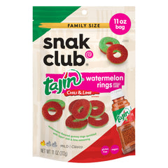 Snak Club Watermelon Rings with Tajín seasoning deliver a bold sweet-spicy bite for on-the-go snacking.