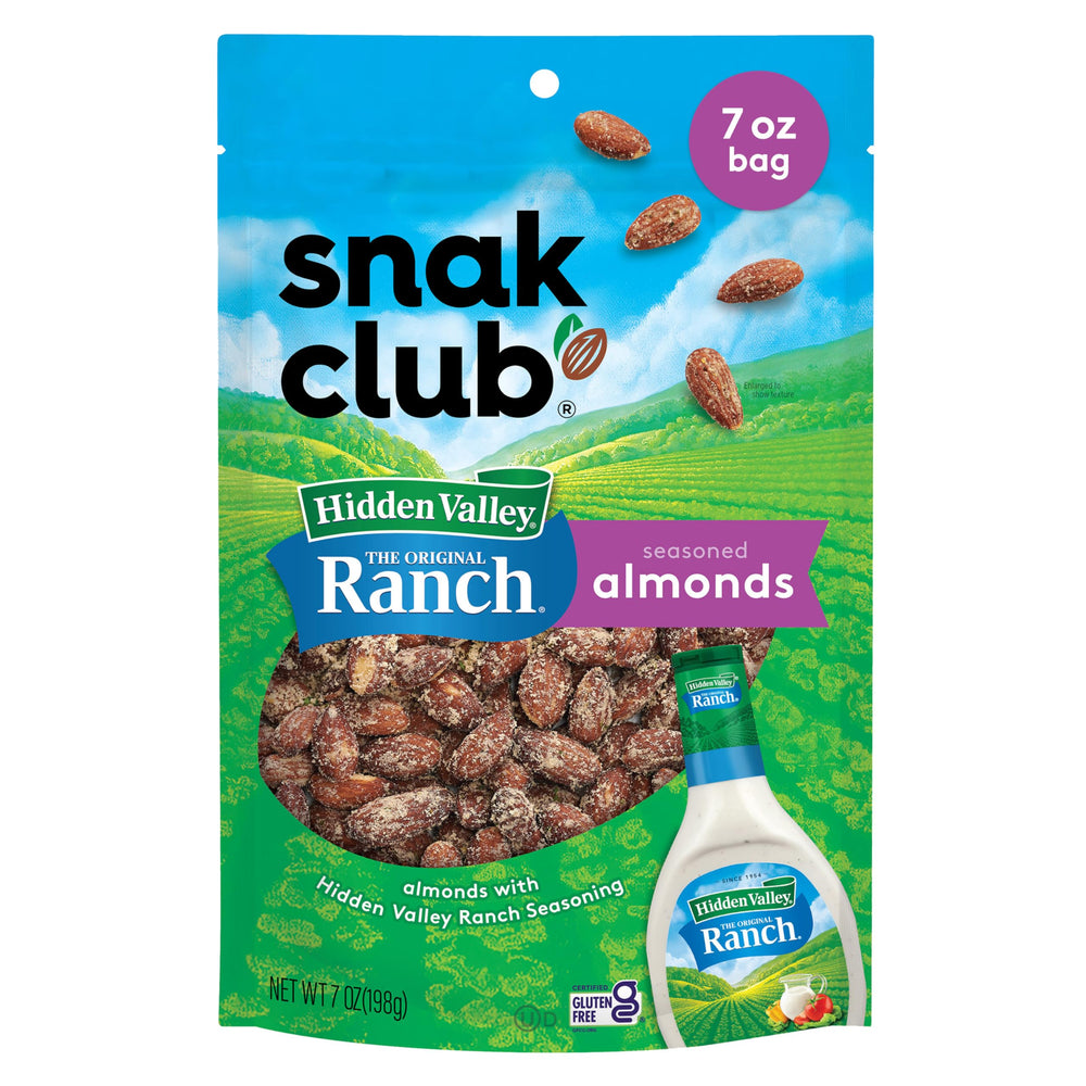 Snak Club almonds with Hidden Valley Ranch bag closeup showing freshness and bold flavor