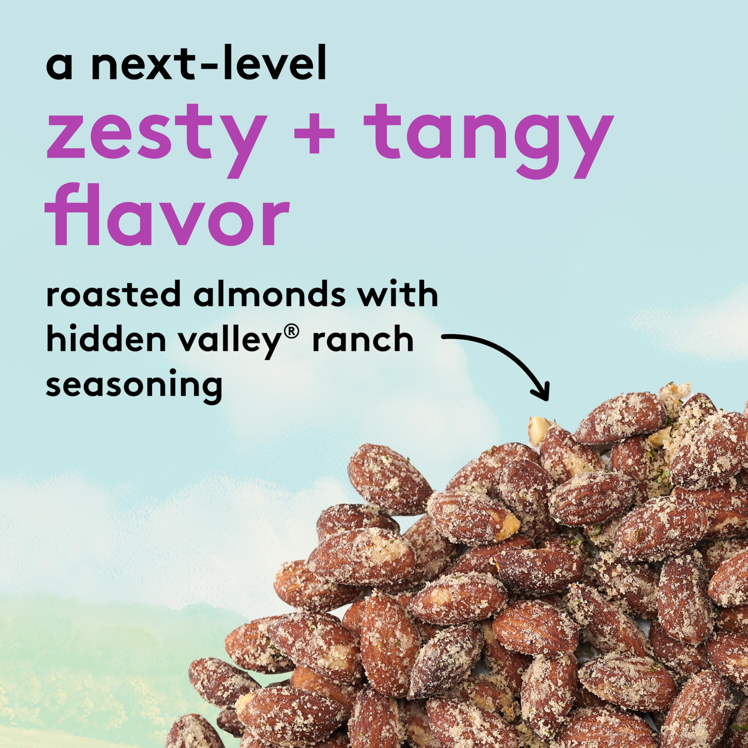 Snak Club almonds with Hidden Valley Ranch resealable bag emphasizing convenient storage