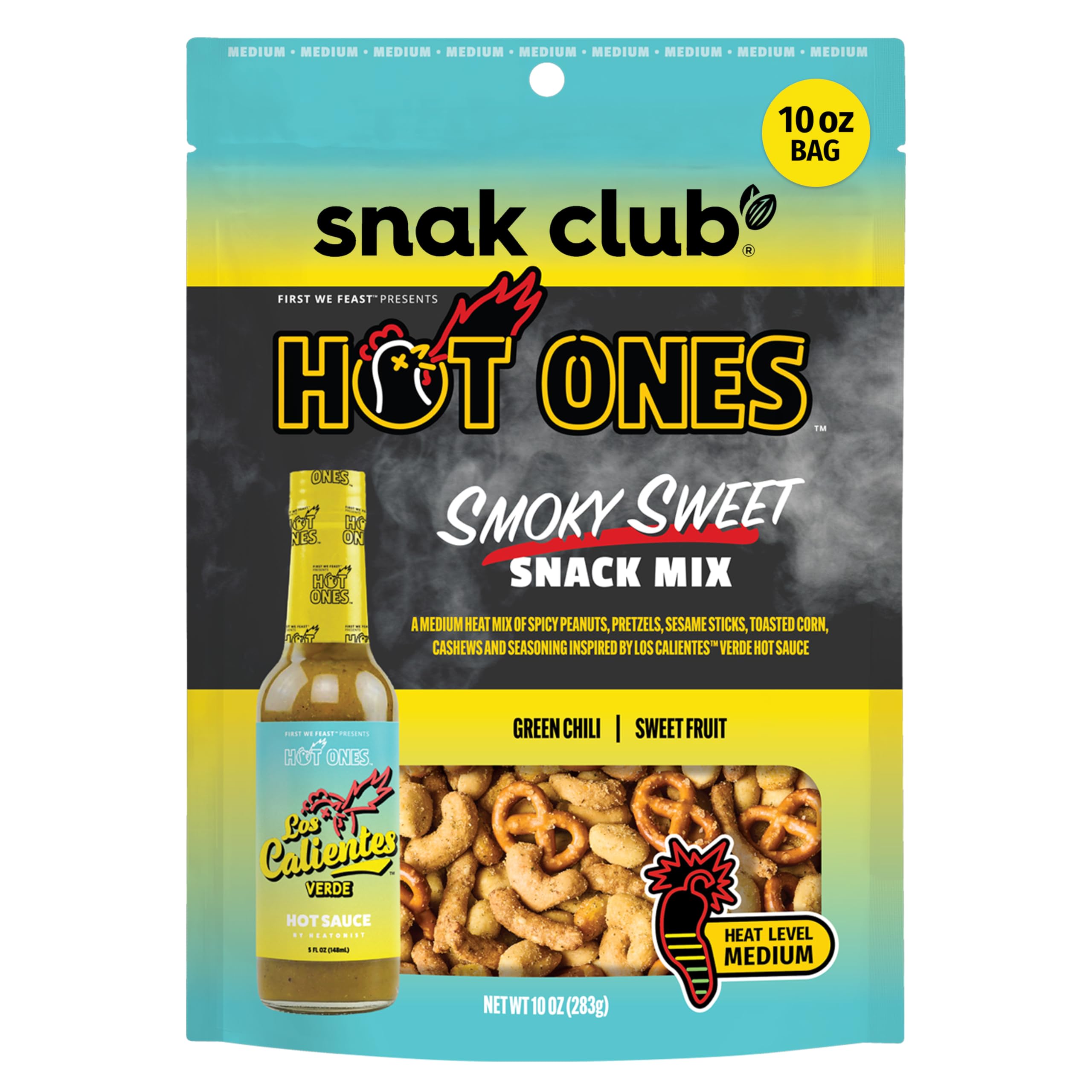 Snak Club x Hot Ones Smoky Sweet bag showcasing bold, medium spice snack.