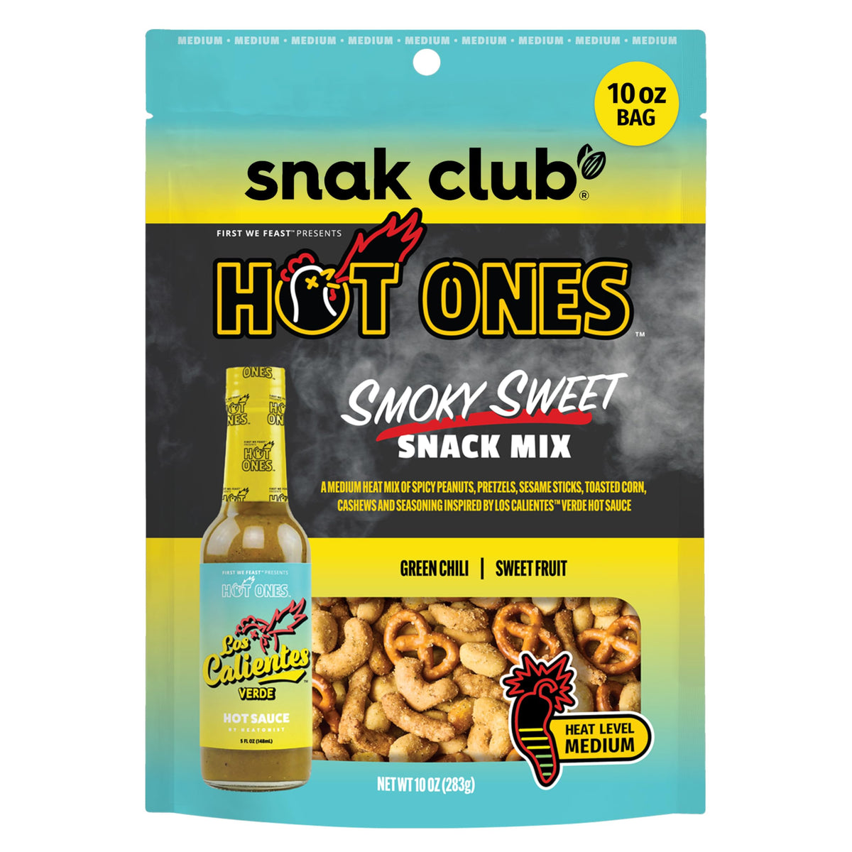 Snak Club x Hot Ones Smoky Sweet bag showcasing bold, medium spice snack.