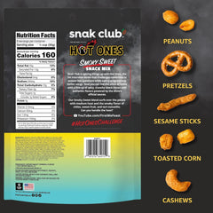 Snak Club x Hot Ones Smoky Sweet ingredients reveal peanuts, pretzels, sesame sticks.