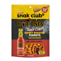 Snak Club x Hot Ones Tangy Chili Honey Roasted Peanuts bag front for on-the-go heat.