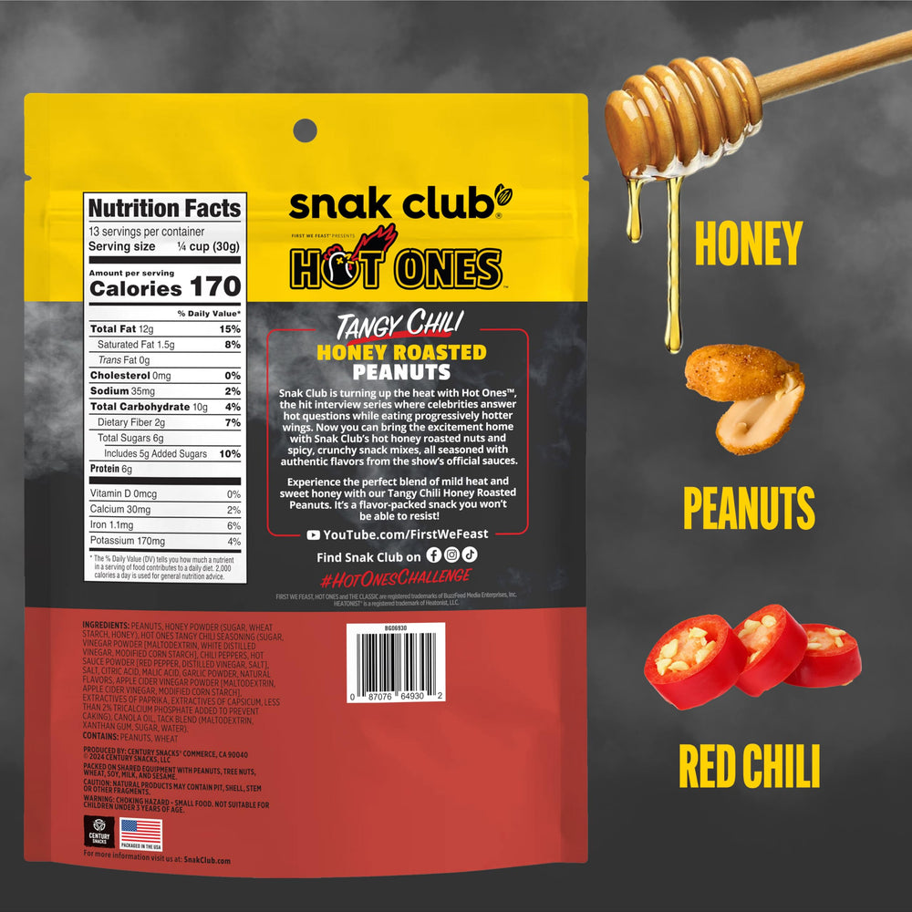 Snak Club x Hot Ones Tangy Chili Honey Roasted Peanuts bag side highlights resealability.