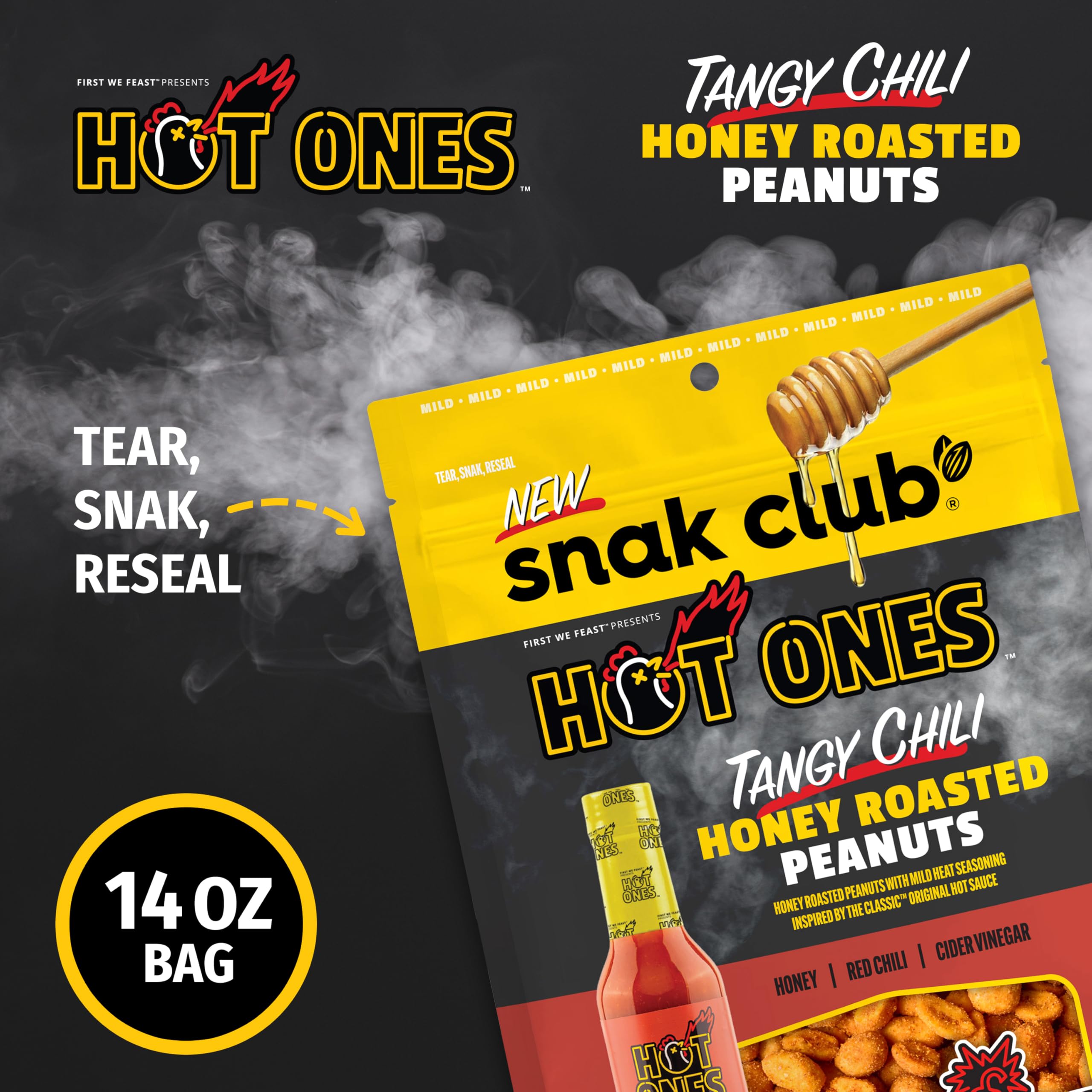 Snak Club x Hot Ones Tangy Chili Honey Roasted Peanuts close-up shows seasoning.