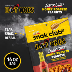 Snak Club x Hot Ones Tangy Chili Honey Roasted Peanuts close-up shows seasoning.