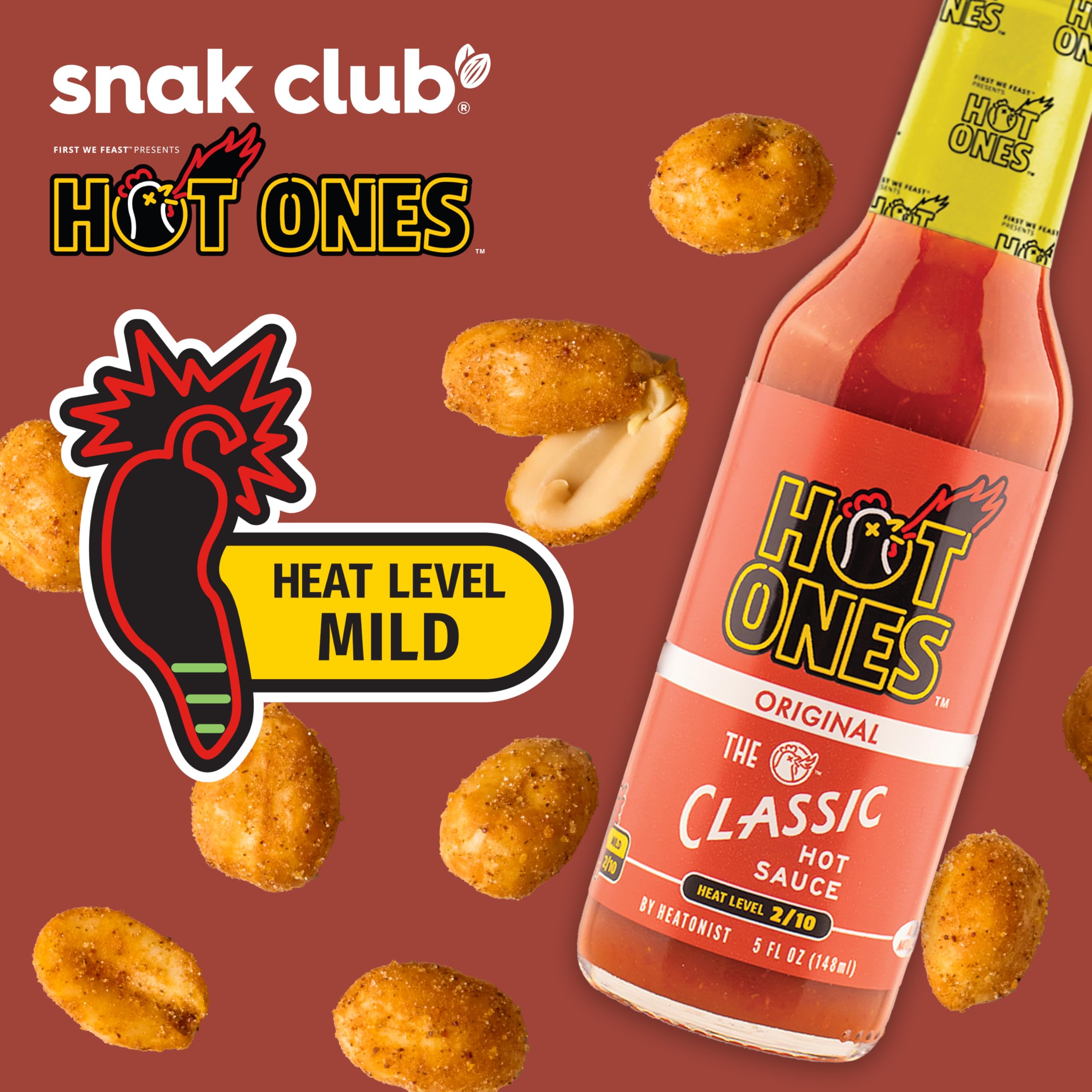 Snak Club Tangy Chili peanuts spice swirls indicating bold flavor.