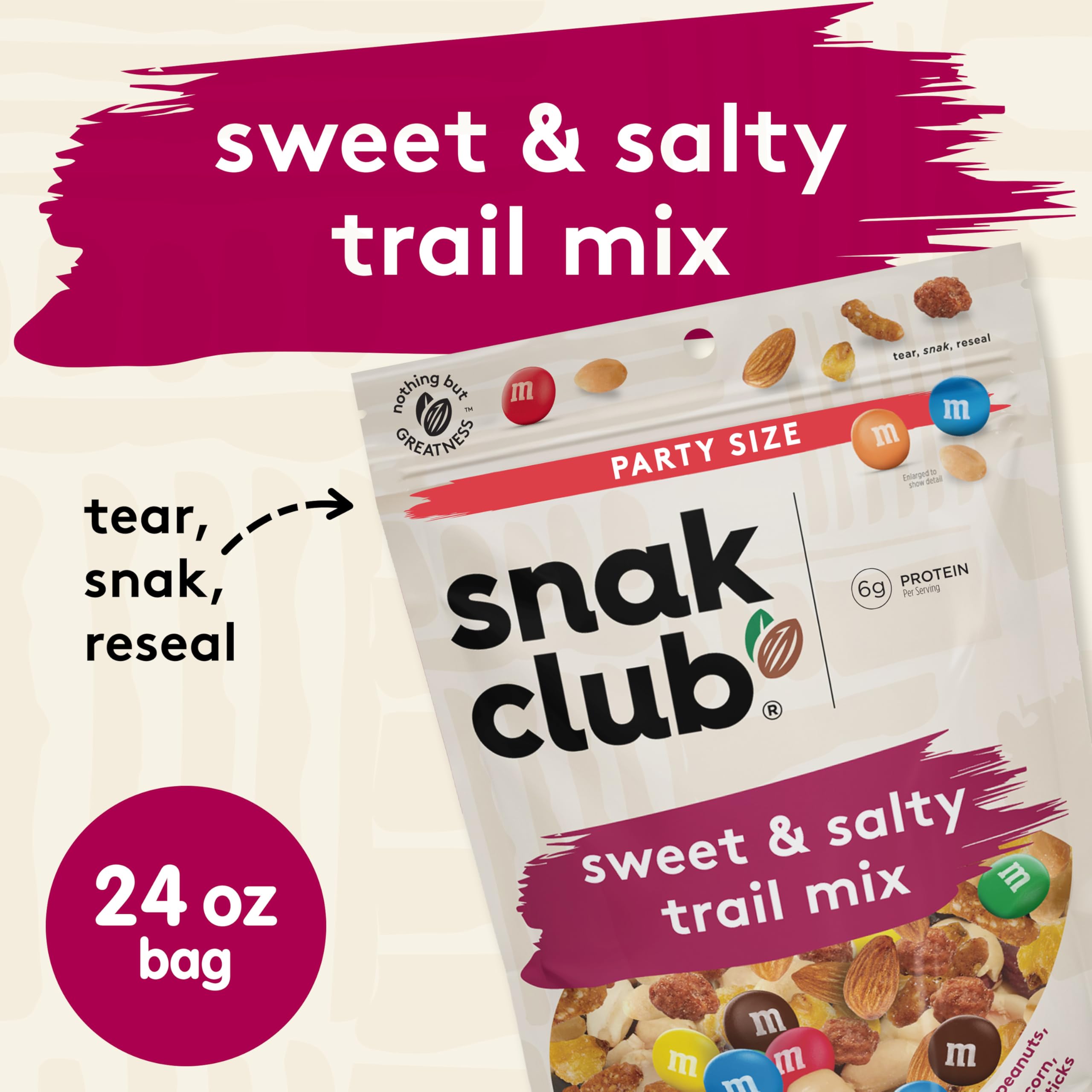 Snak Club M&M'S chocolates bring candy-coated sweetness to mixed nuts and bites.