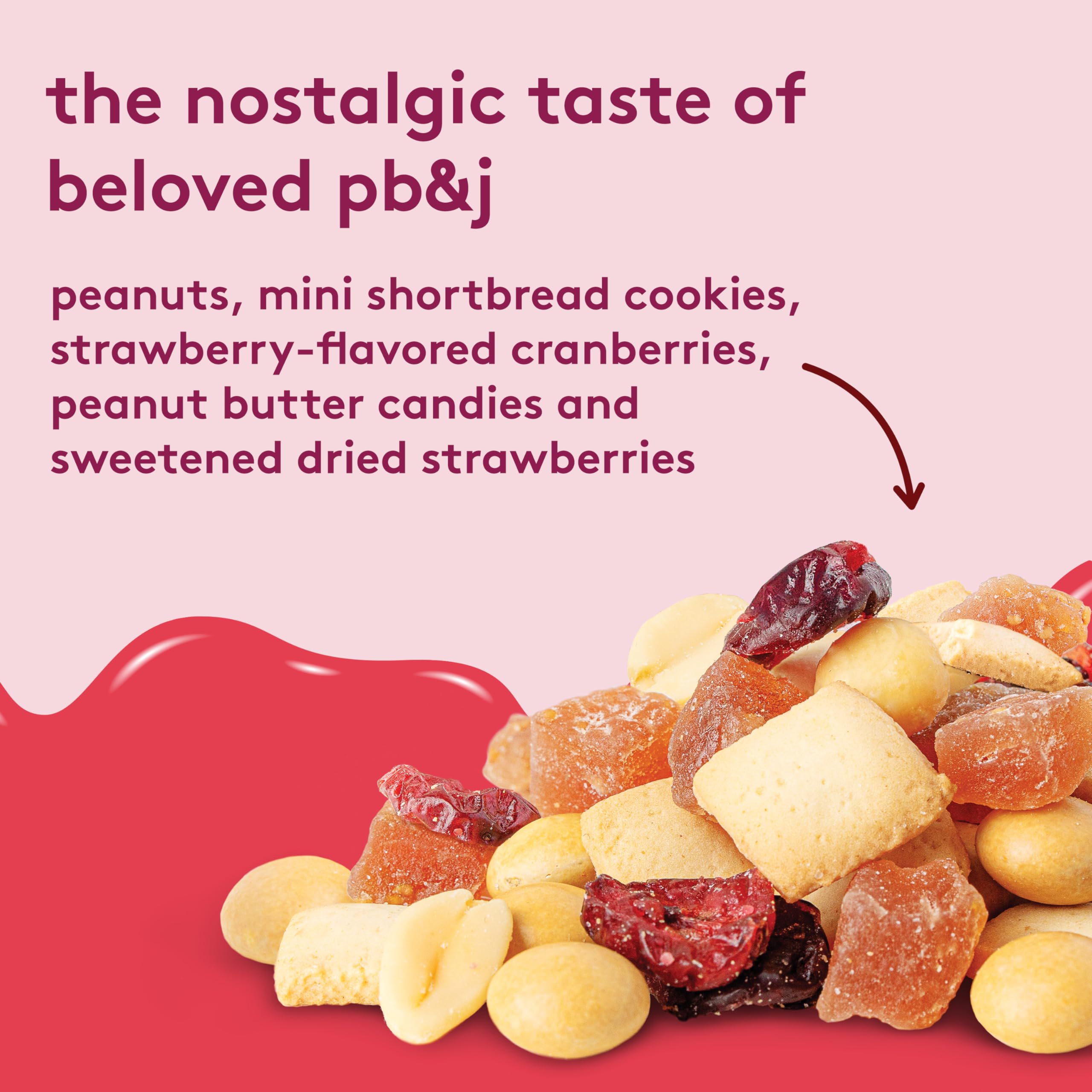 Snak Club PB&J Trail Mix Strawberry peanut butter candies offer creamy bite.